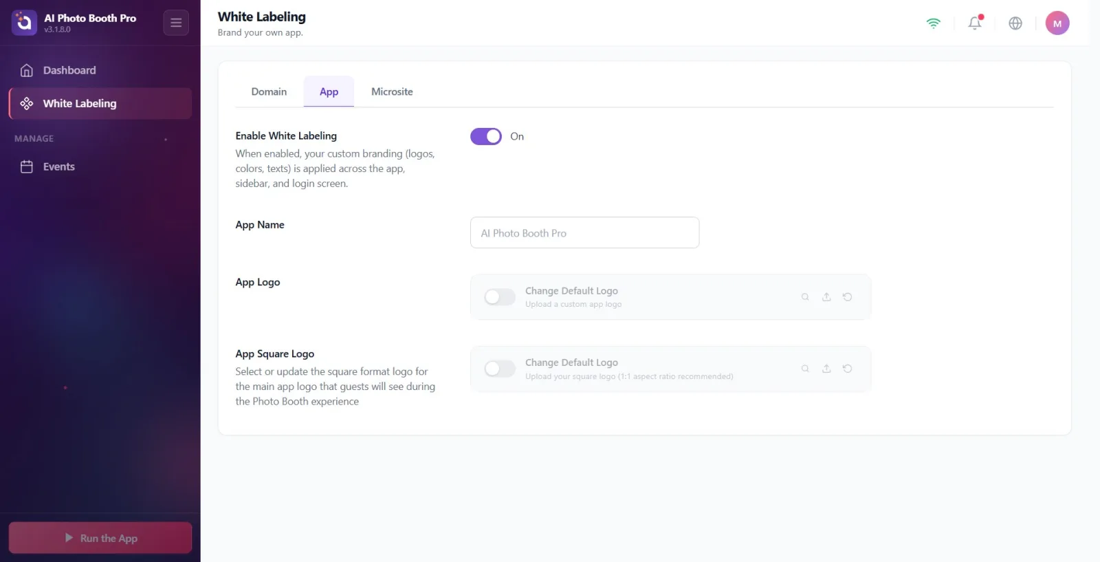 White Labeling is selected in the Settings left menu; the page title appears on the right and three tabs appear at the…