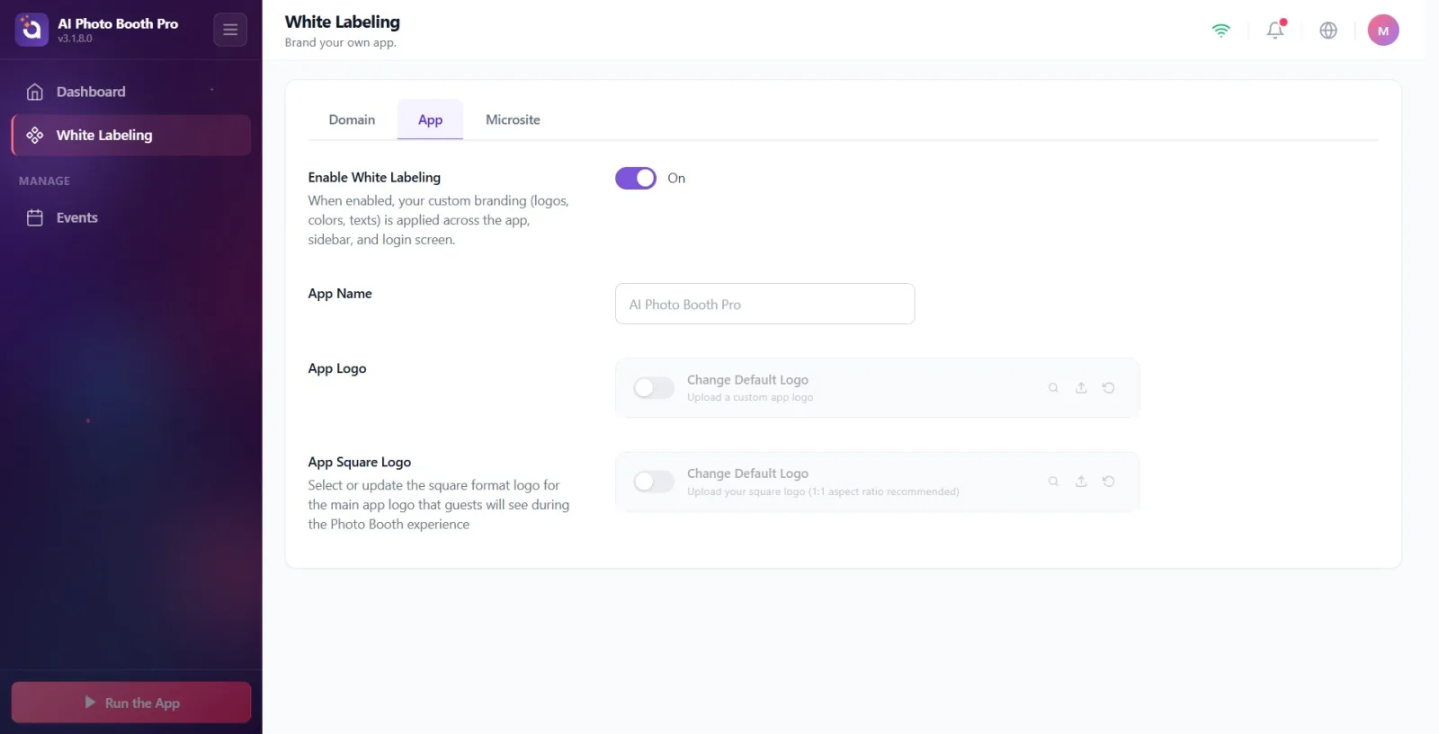 App Logo load line: toggle switch, Change Default Logo header, and preview/load/reset buttons on the right.