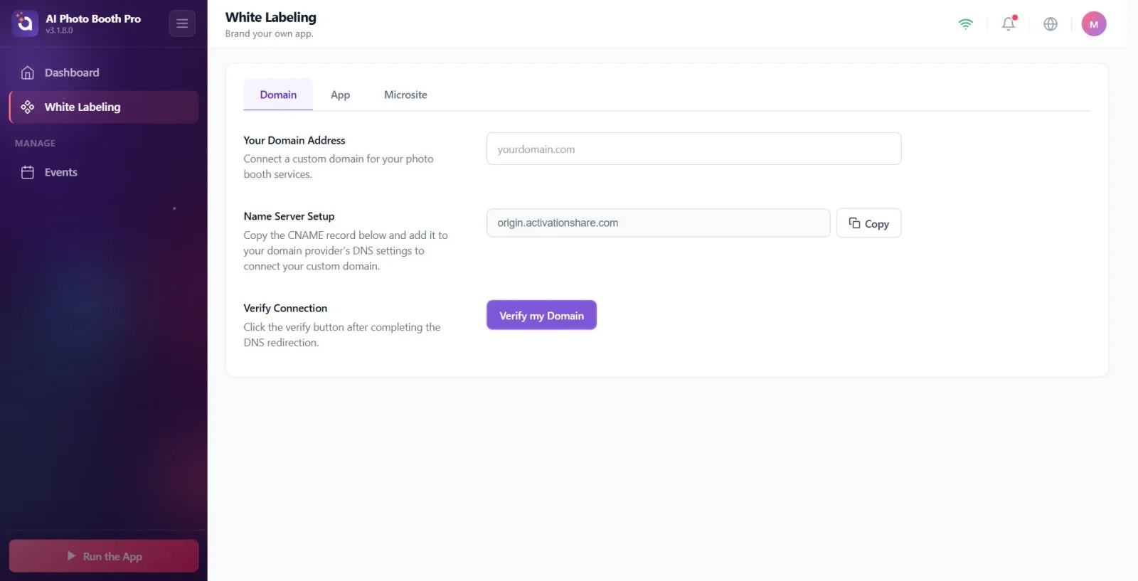 White Labeling page, Domain tab active at top; The Your Domain Address entry section appears below.