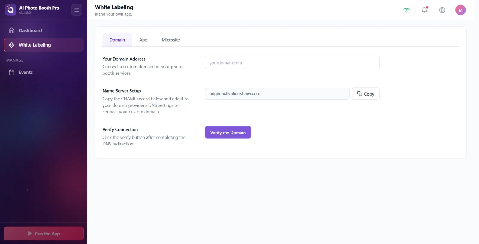 Verify Connection section and purple Verify my Domain button.
