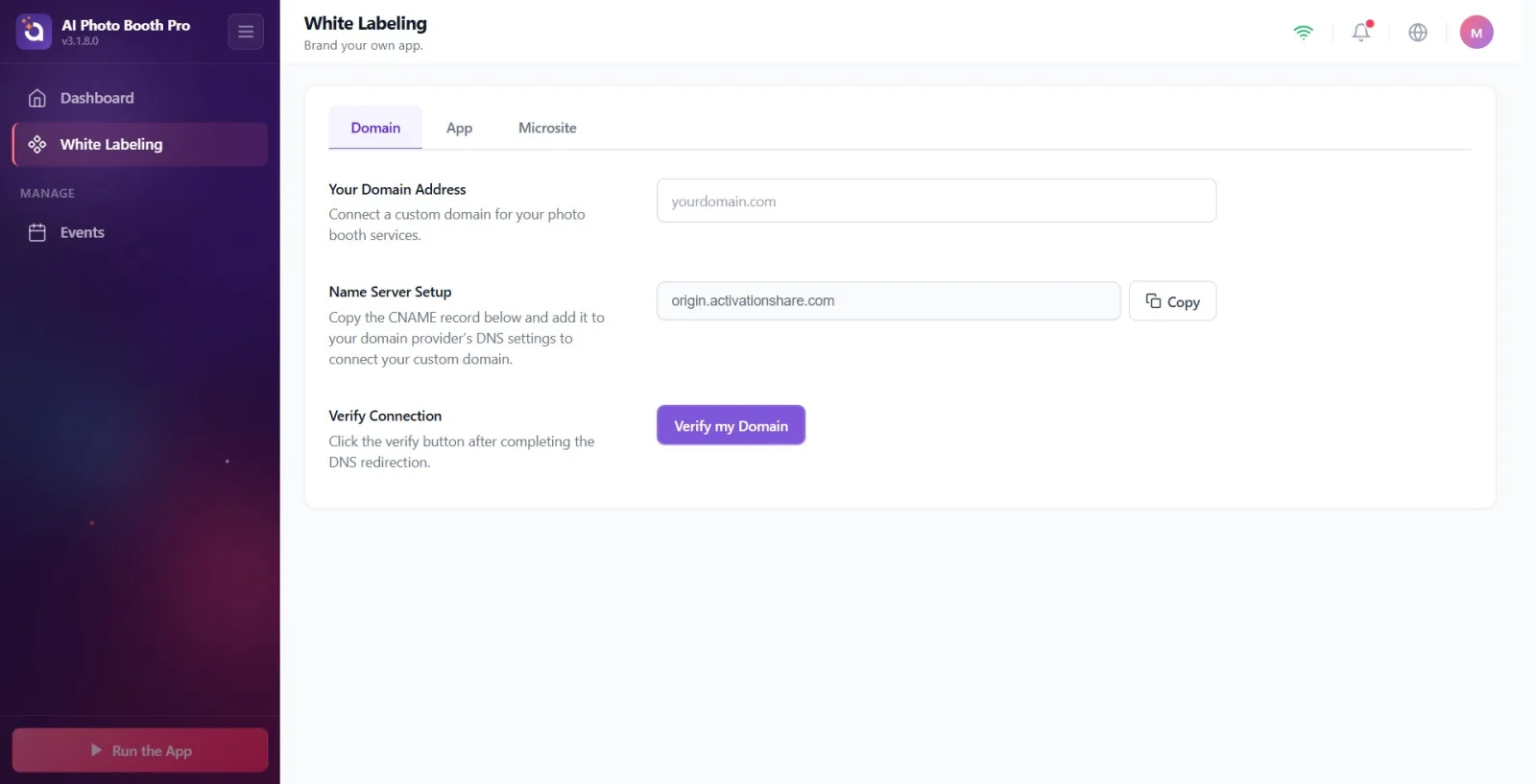 Step 3 SSL section: yellow warning, single suggested CNAME (Type/Name/Value + Copy) and collapsible Alternative: add…