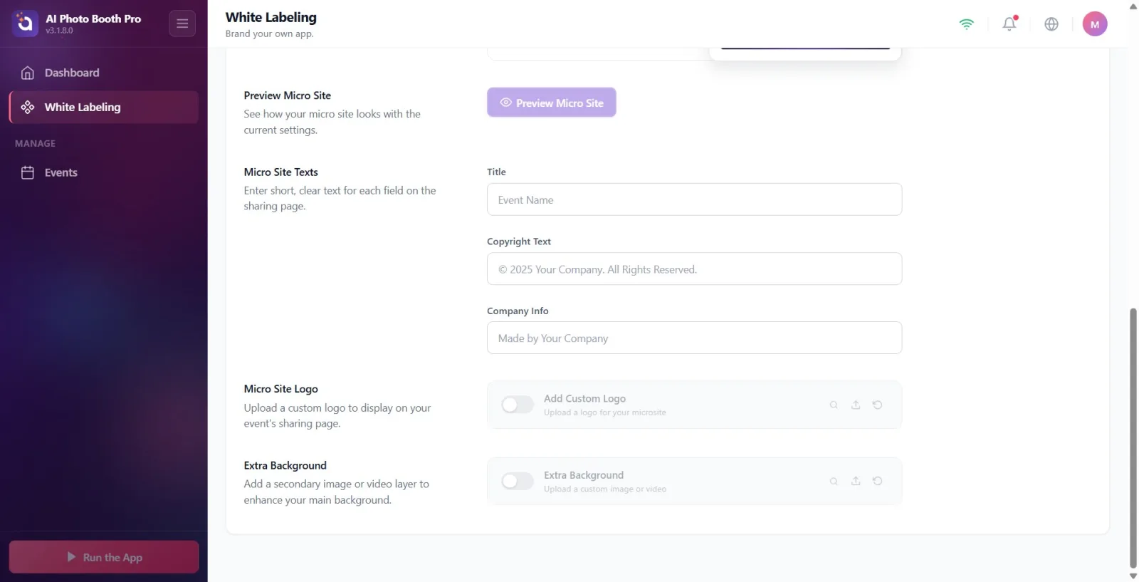Micro Site Logo row: on/off switch on the left, Add Custom Logo header in the middle, preview/load/reset icon buttons…