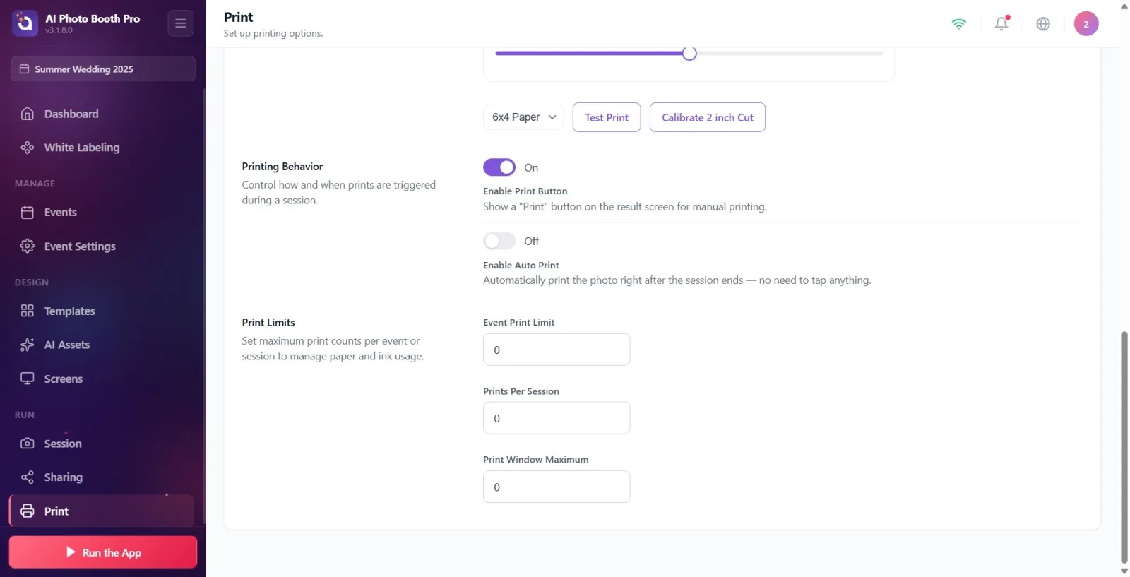 Printing Behavior section: The keys Enable Print Button and Enable Auto Print appear.
