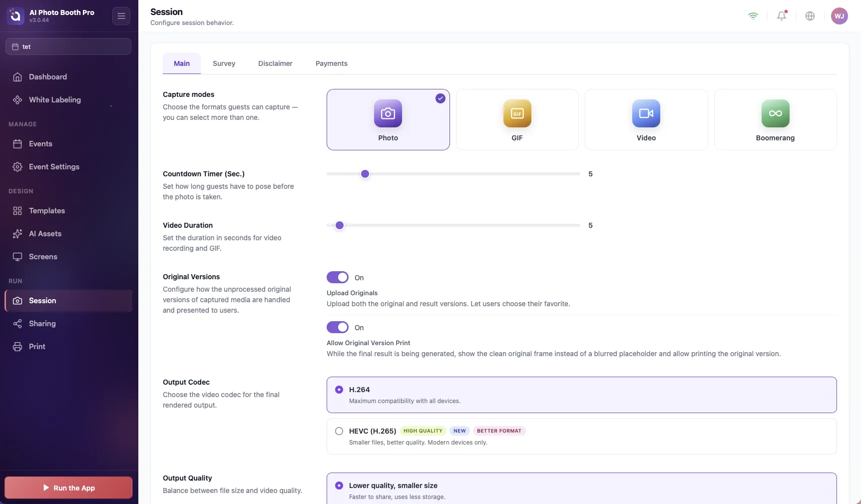 Session Settings — Main tab