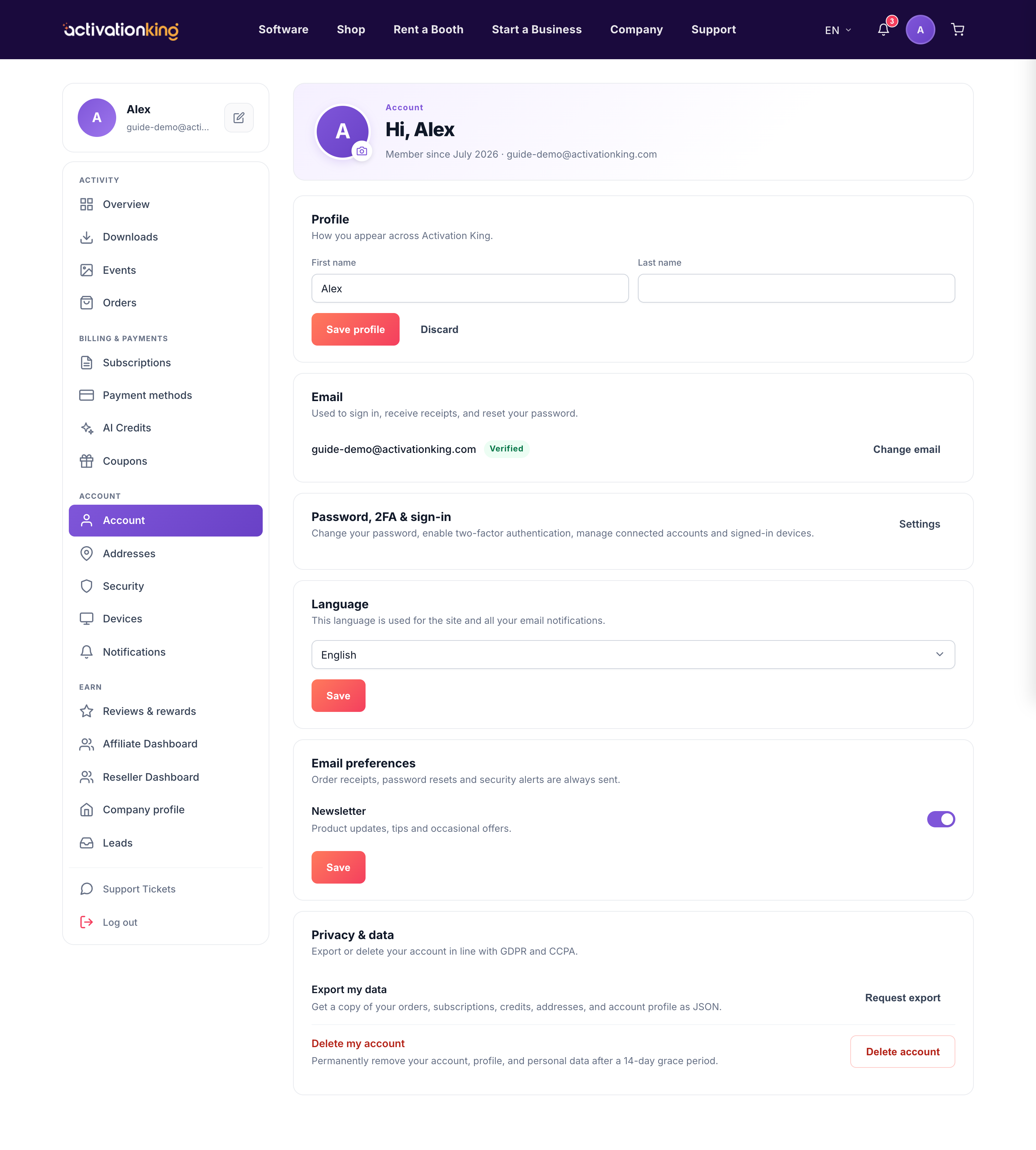 Activation King account settings page with profile, email, language, and privacy sections