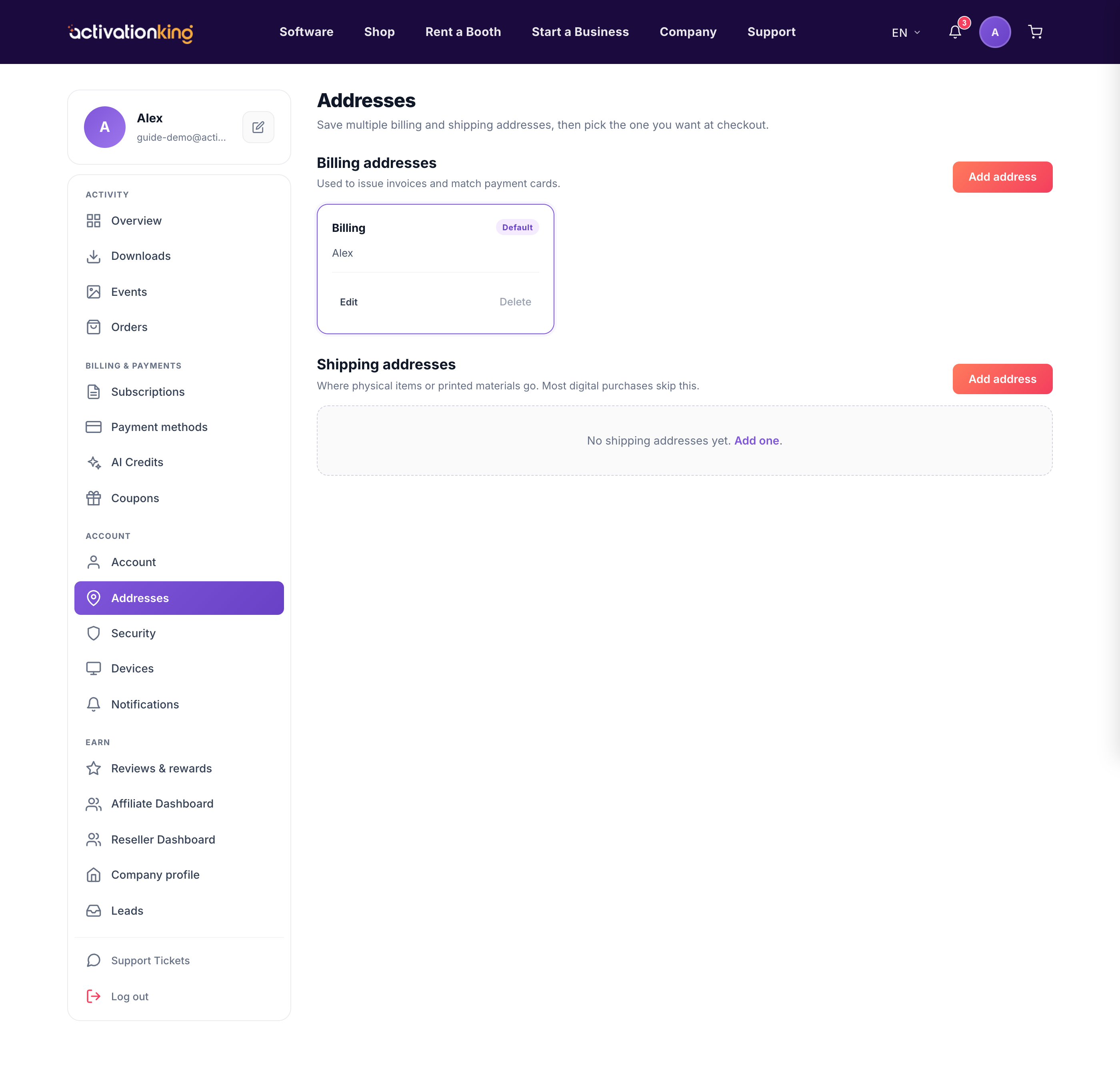 Addresses page with separate billing and shipping sections