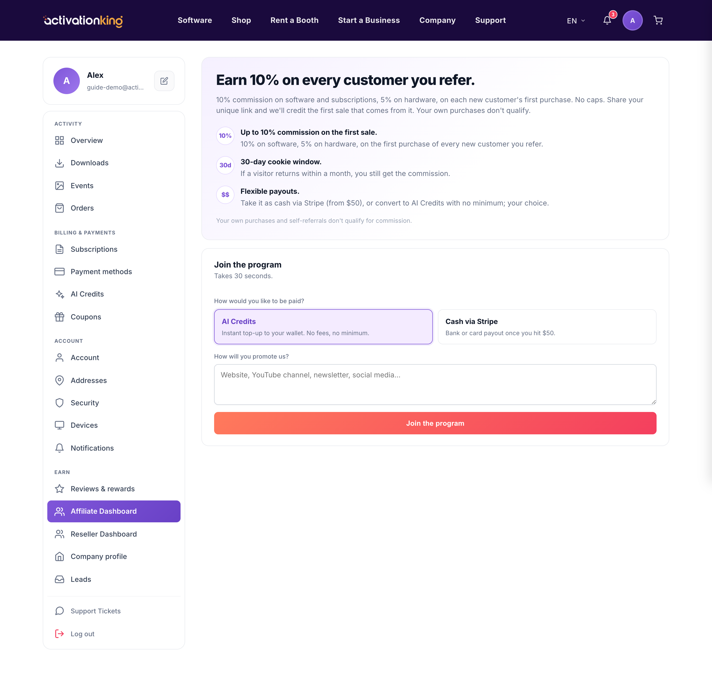 Affiliate dashboard in Activation King