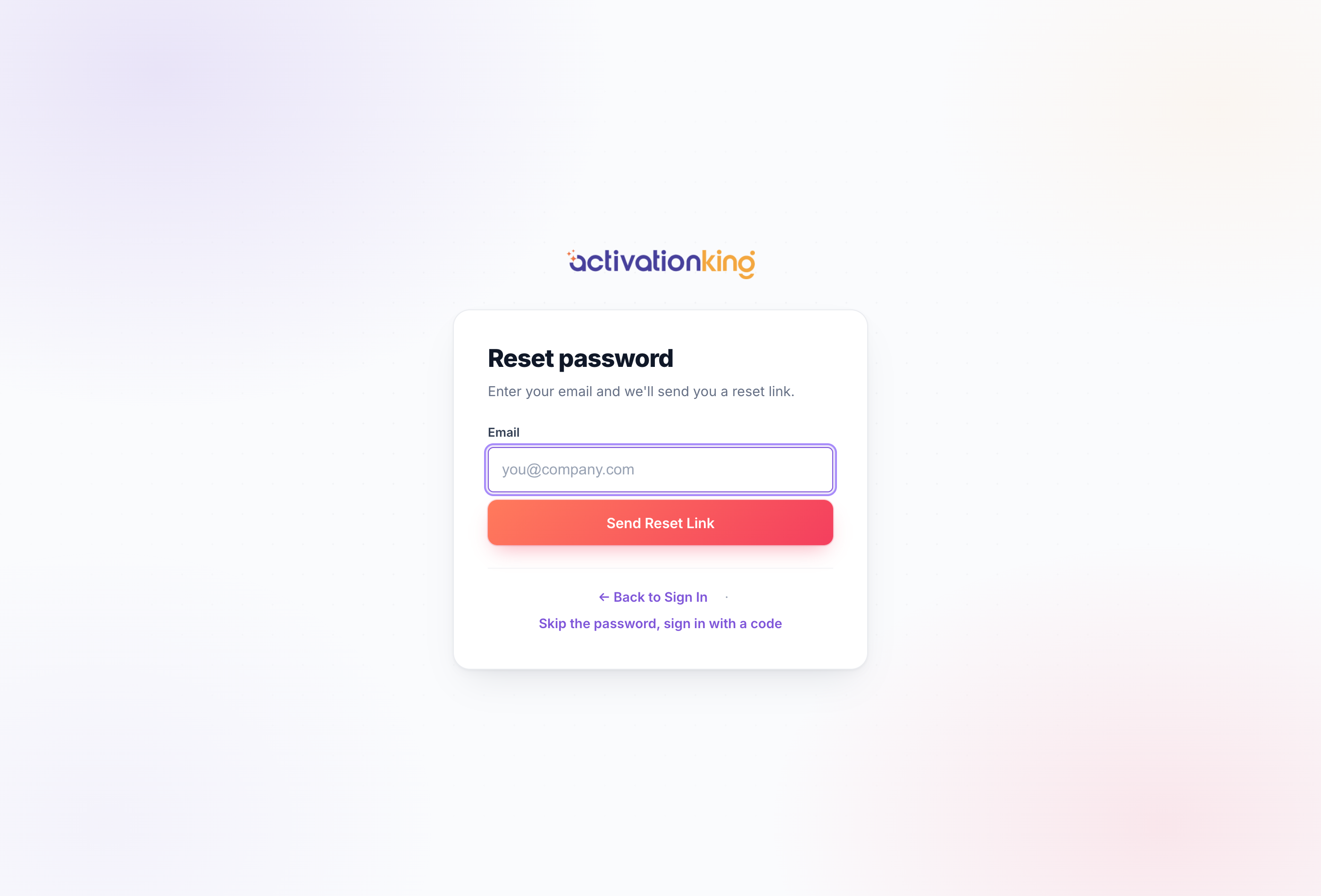Activation King forgot password screen with an email address field