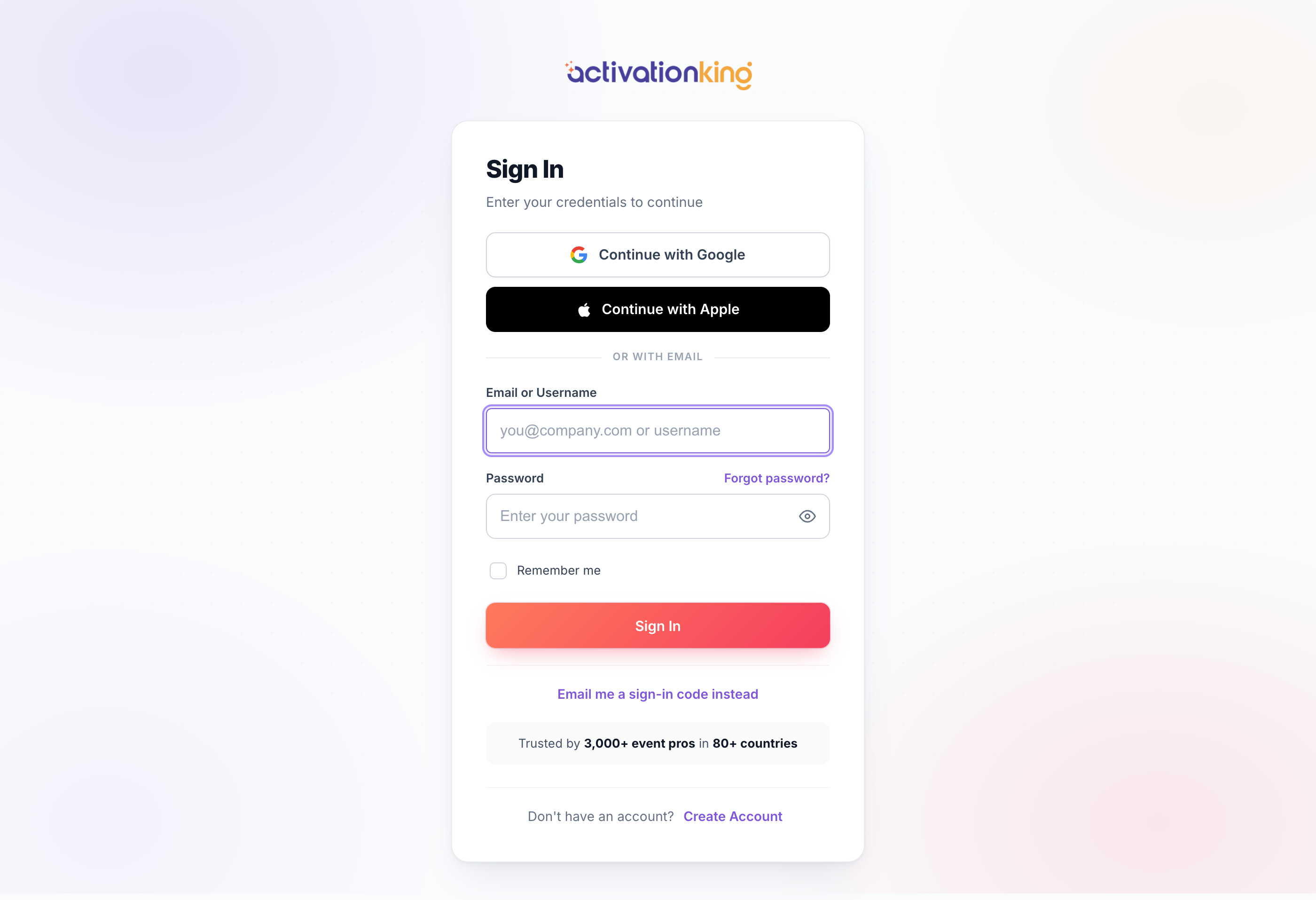 Activation King sign-in page with email, password, Google, and Apple options
