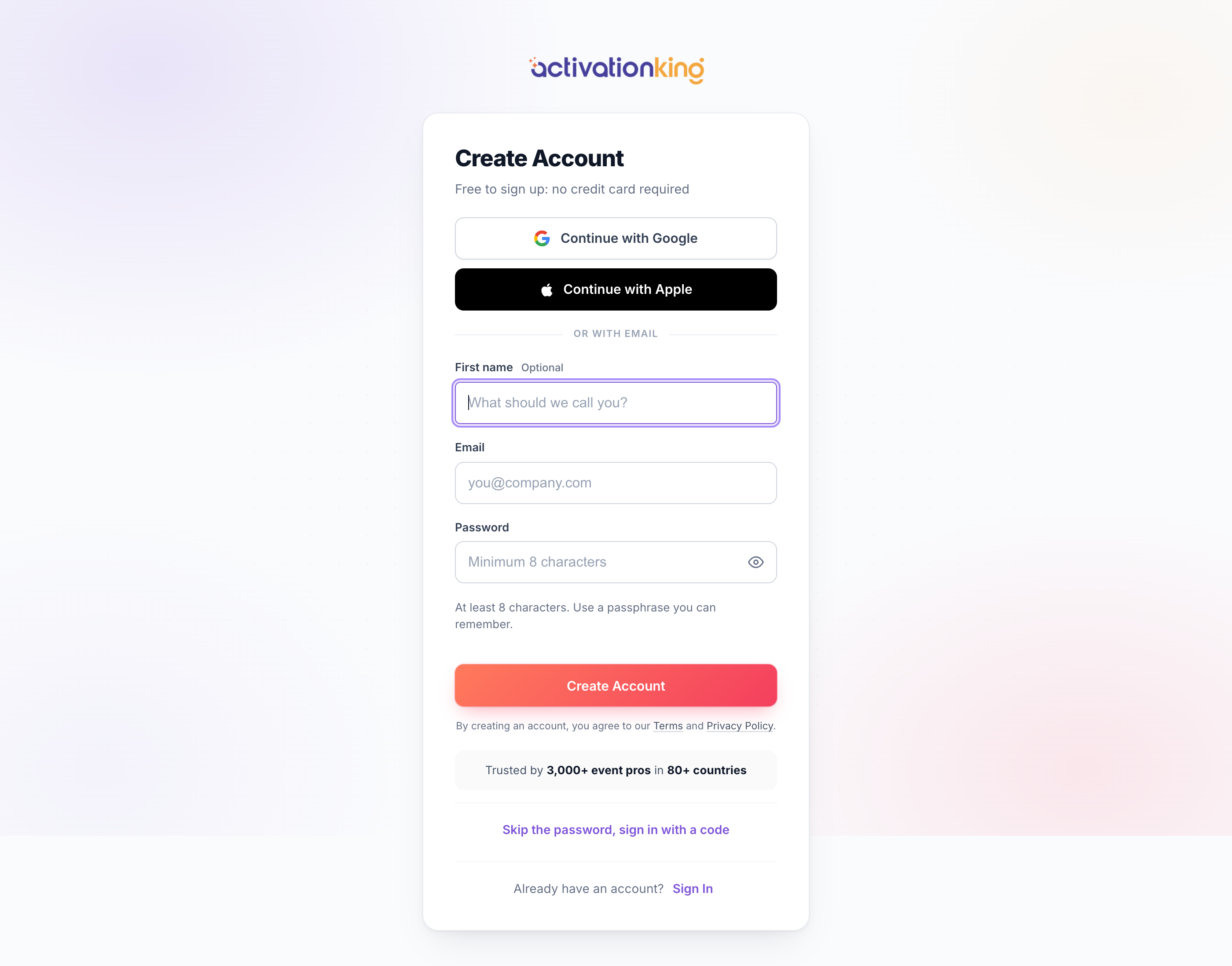 Activation King registration page with Google, Apple, and email sign-up options