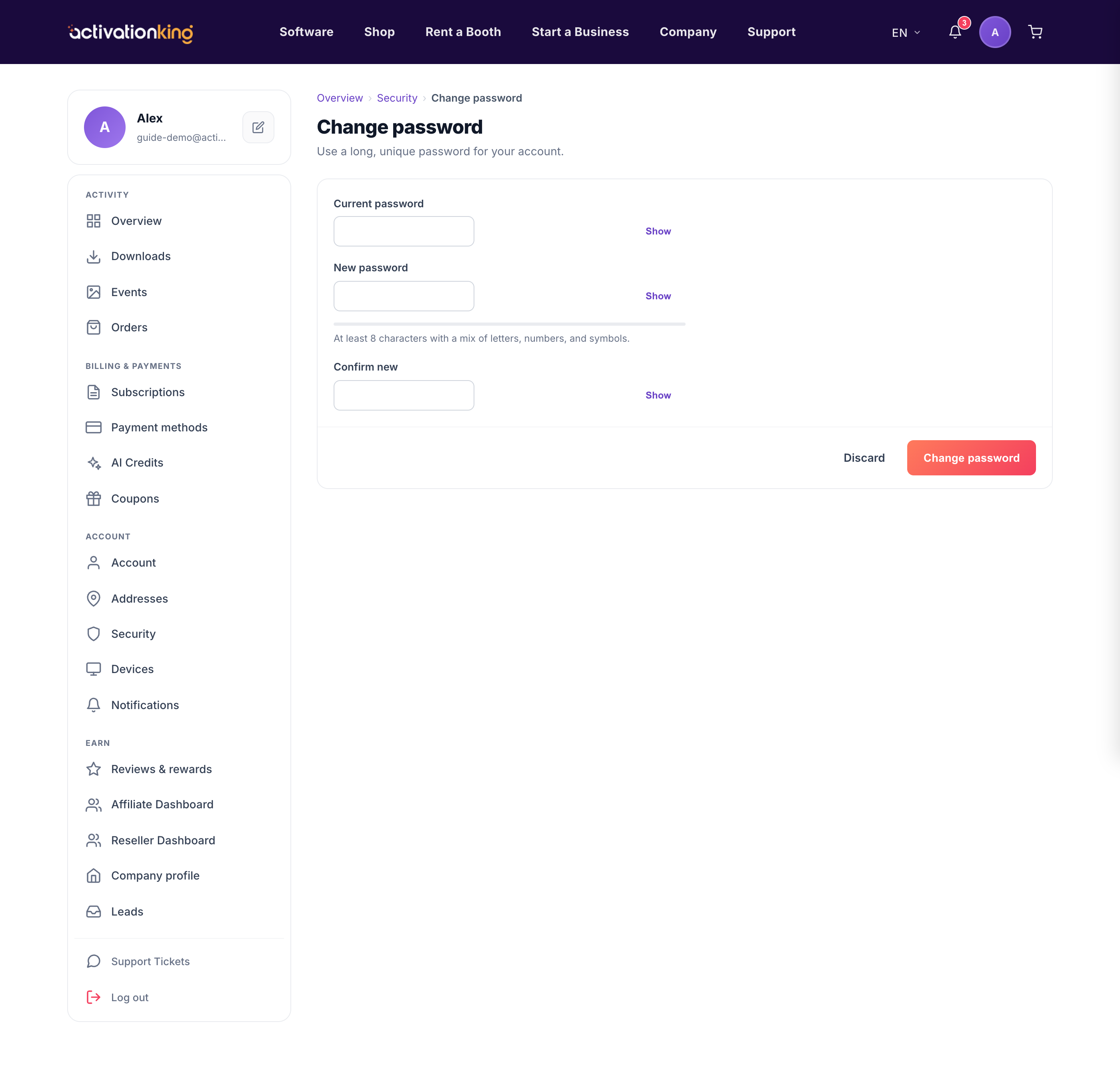 Activation King change password screen with current and new password fields