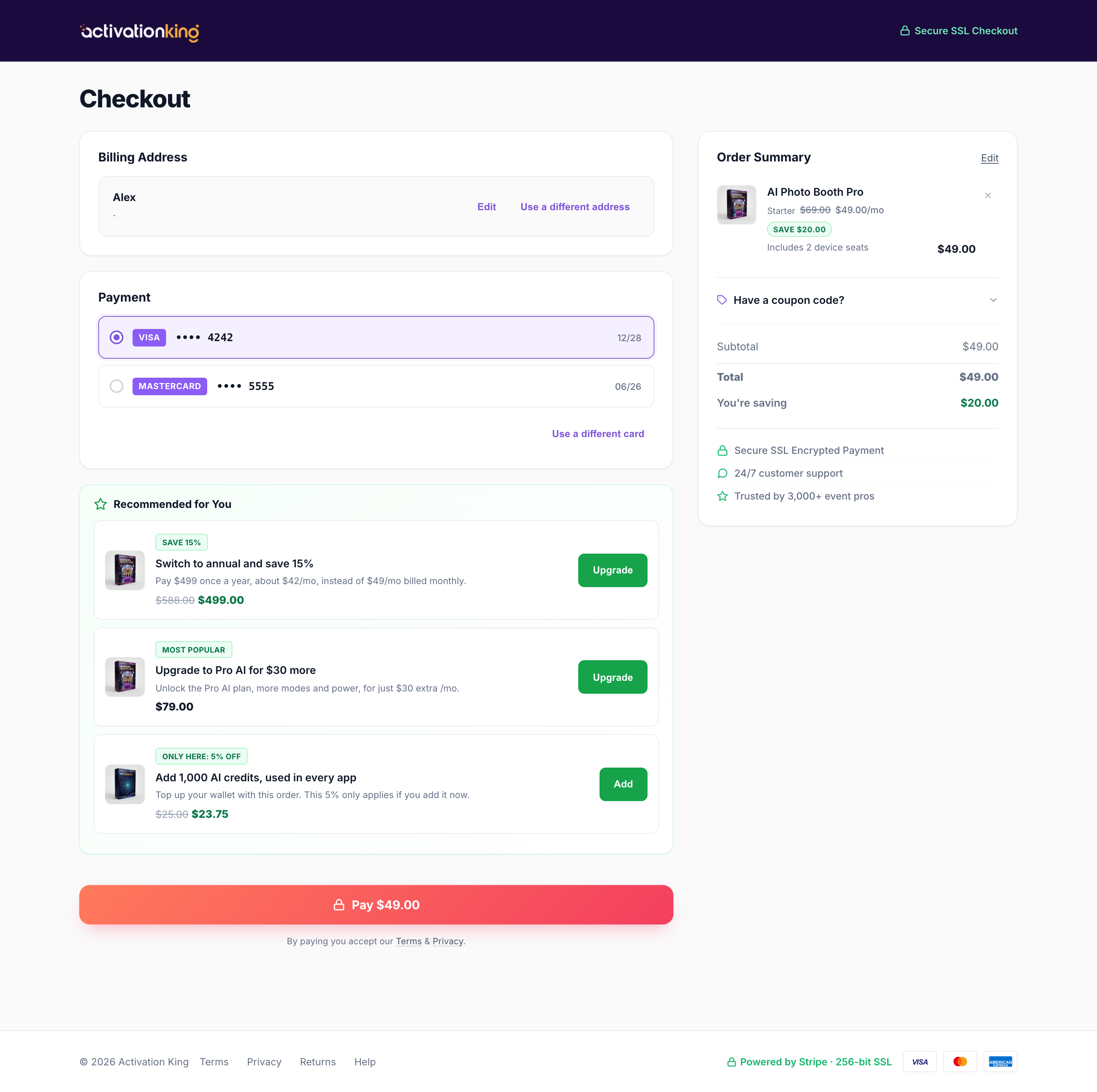 Secure Activation King checkout page with email, address, and card fields