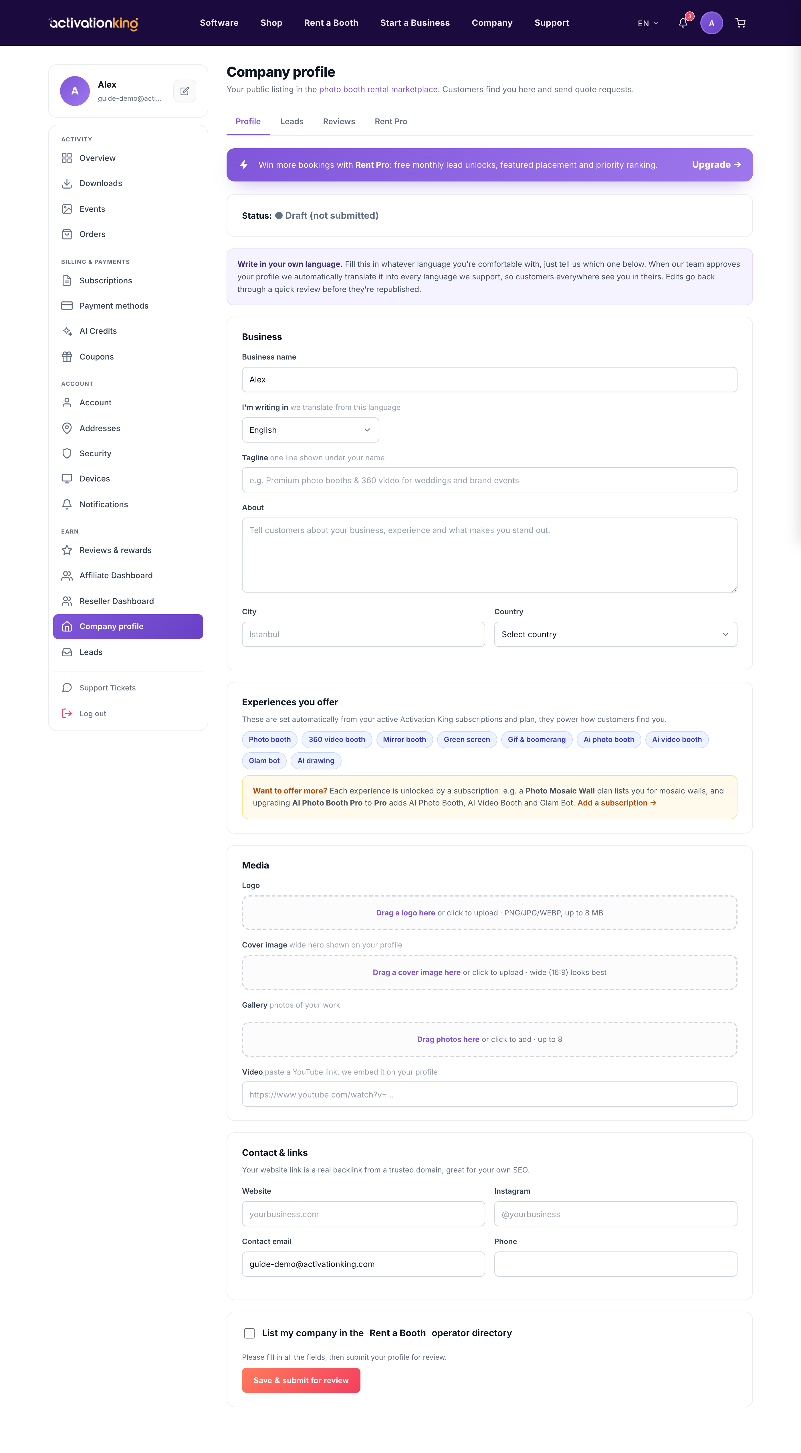 Company profile page in the Activation King dashboard