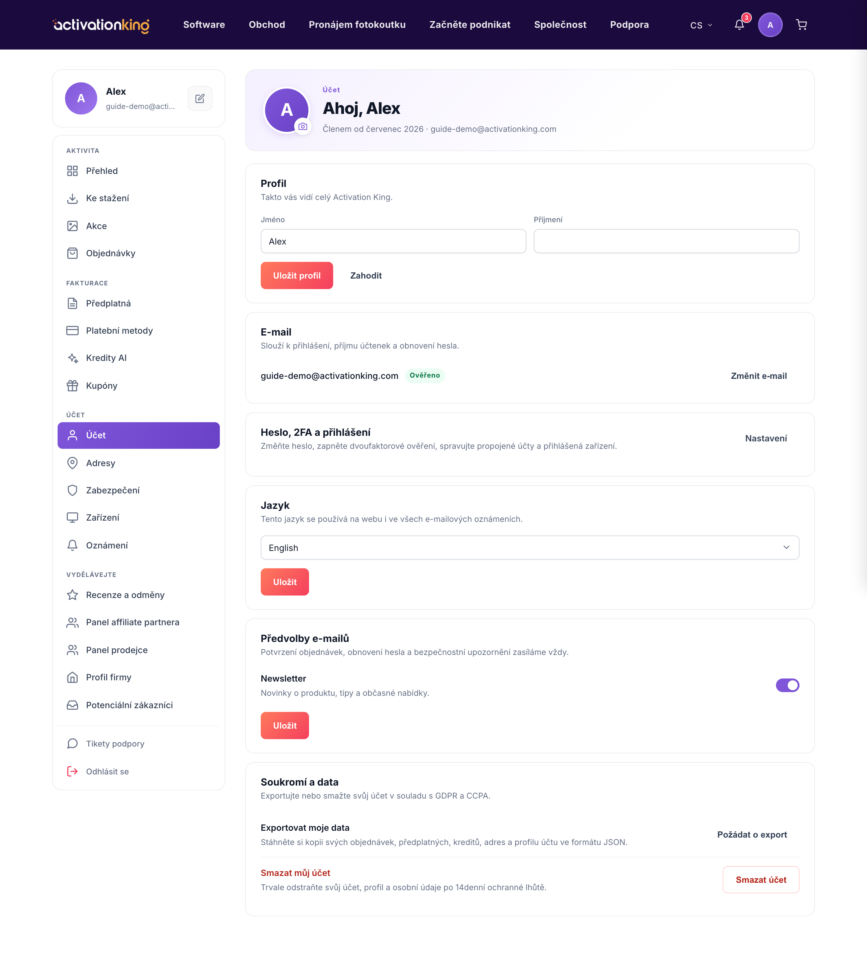 Stránka nastavení účtu Activation King s částmi profil, e-mail, jazyk a soukromí