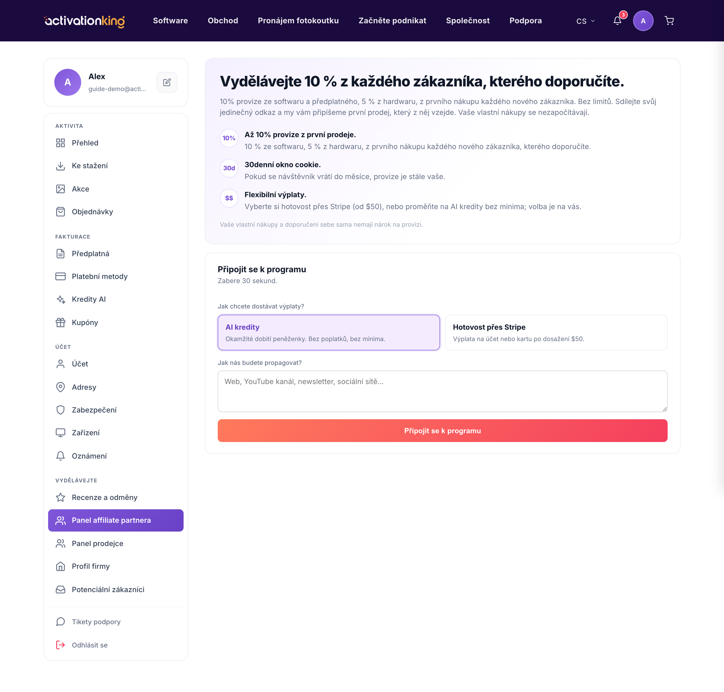 Dashboard affiliate partnera v Activation King