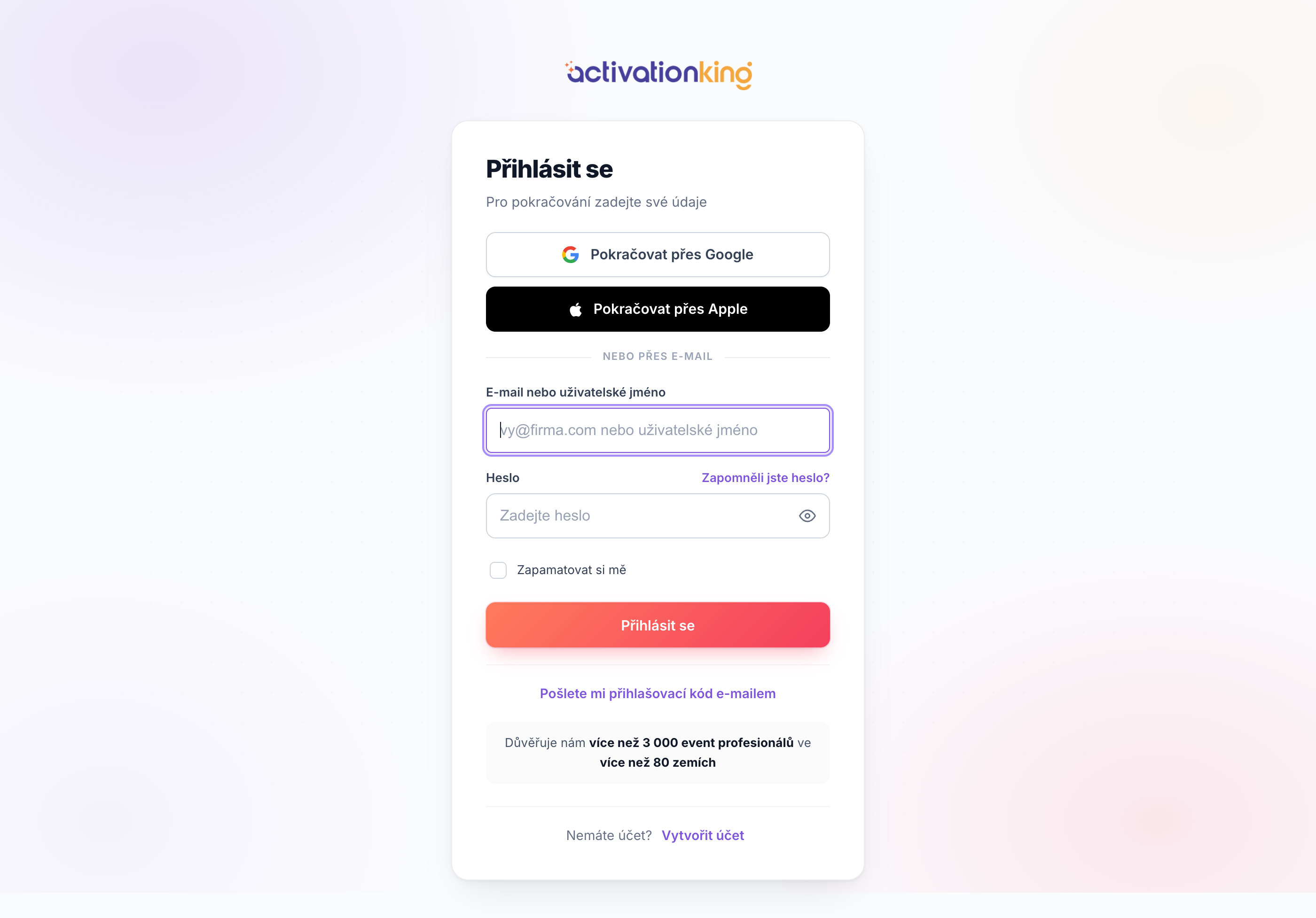Přihlašovací stránka Activation King s možnostmi e-mail, heslo, Google a Apple