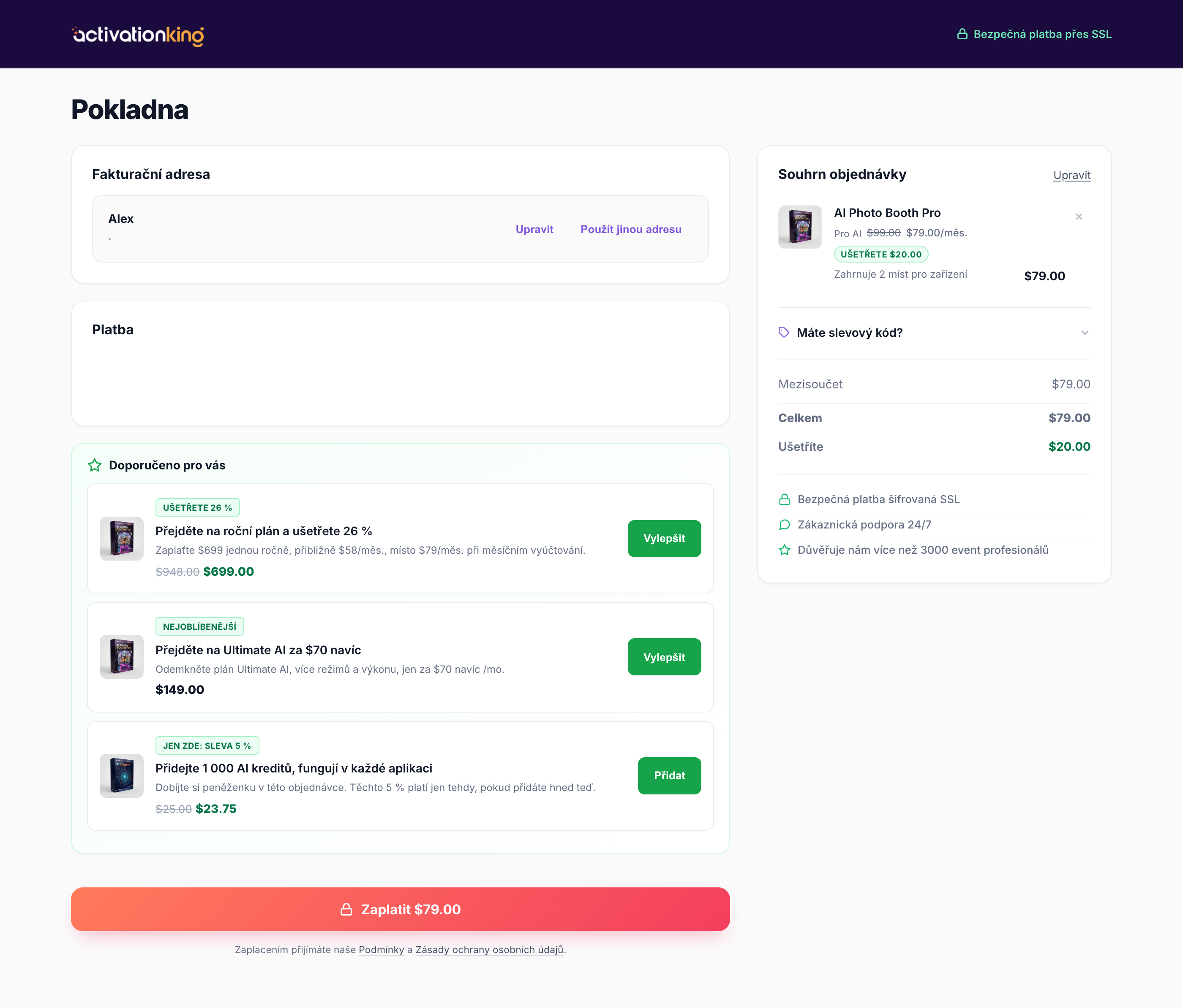 Zabezpečená pokladní stránka Activation King s poli pro e-mail, adresu a kartu