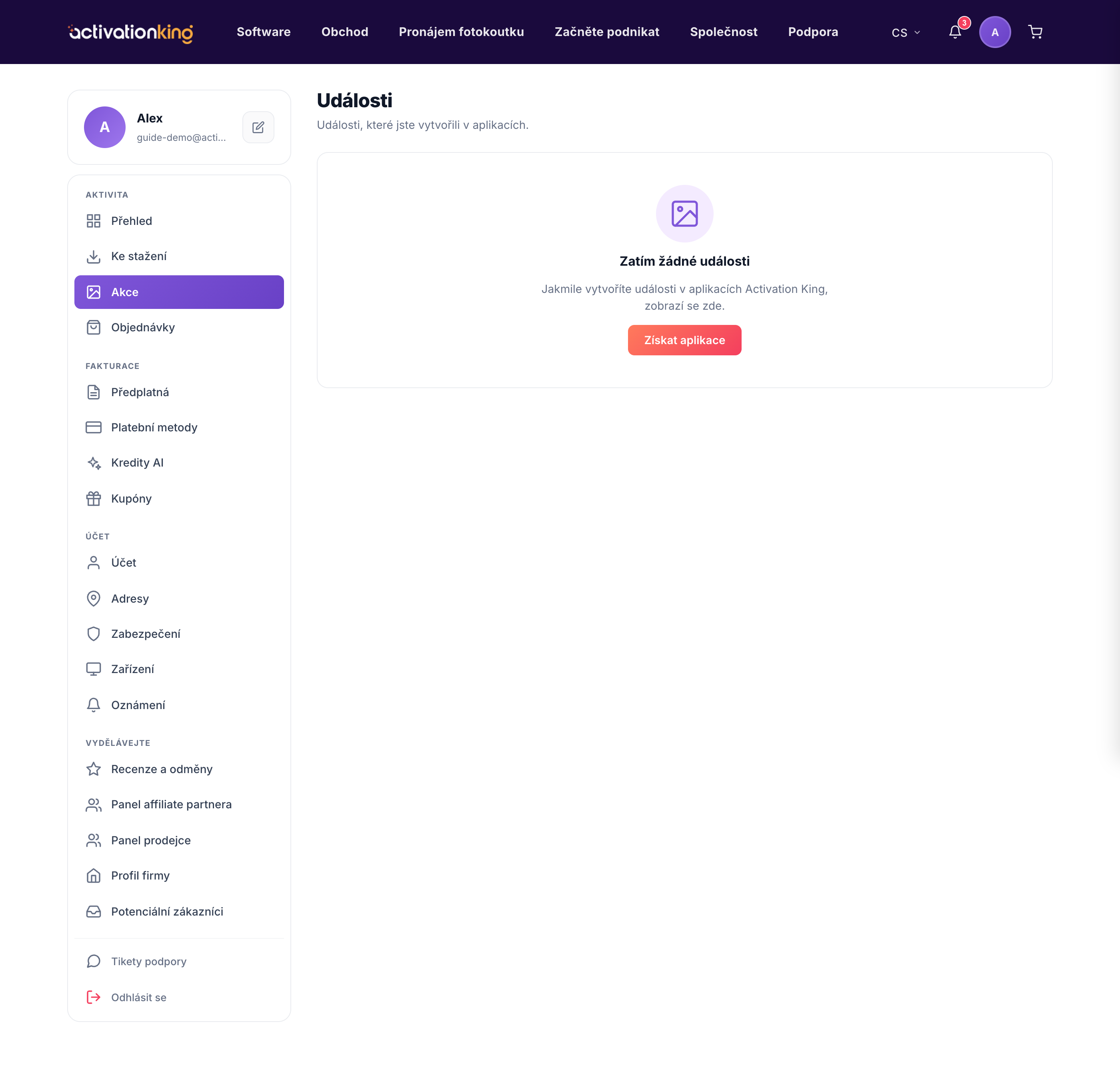 Stránka Akce v Dashboardu se seznamem galerií akcí a přehledy kreditů