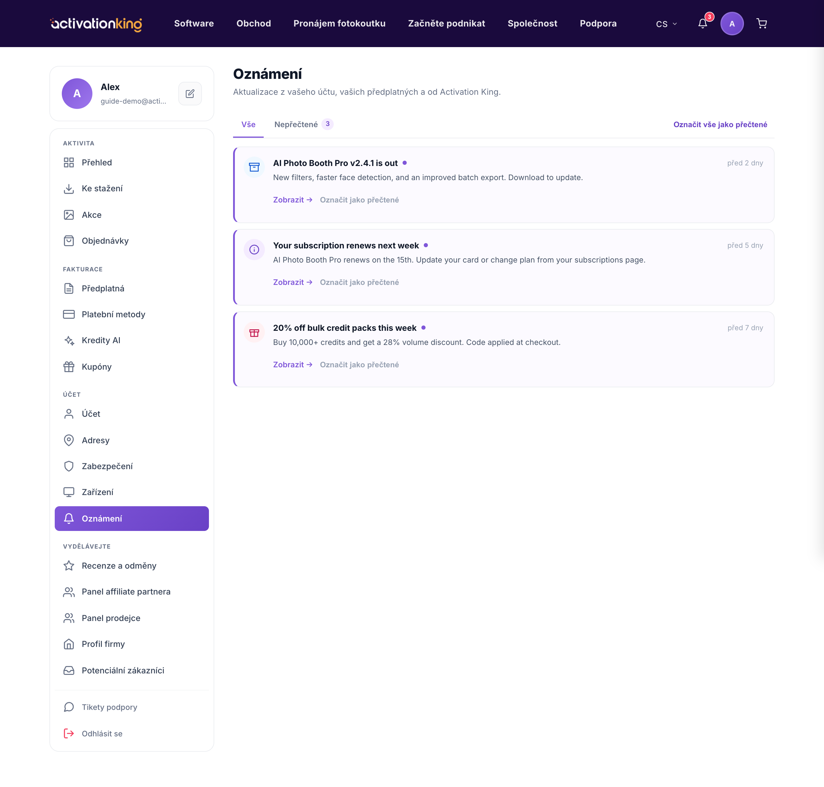 Stránka Oznámení v Dashboardu s kartami Vše a Nepřečtené se seznamem oznámení účtu