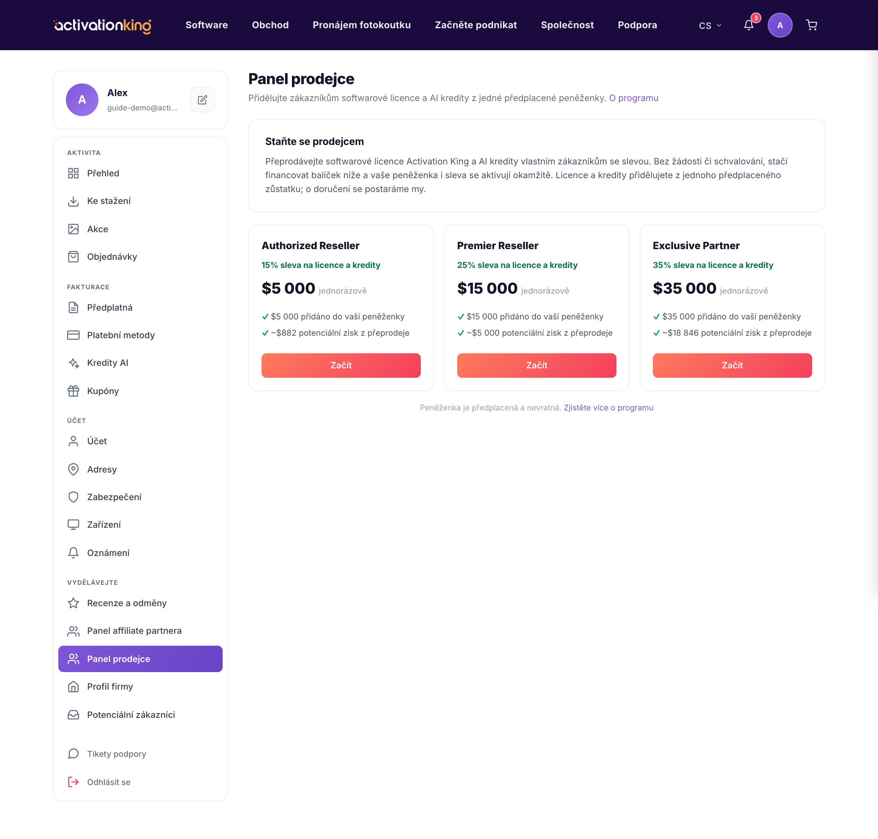 Dashboard prodejce v Activation King