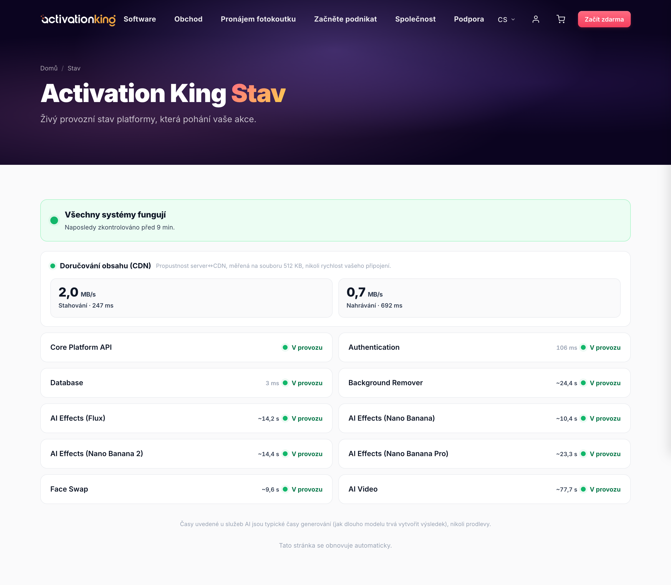 Stránka Stav systému Activation King ukazující, že služby jsou funkční