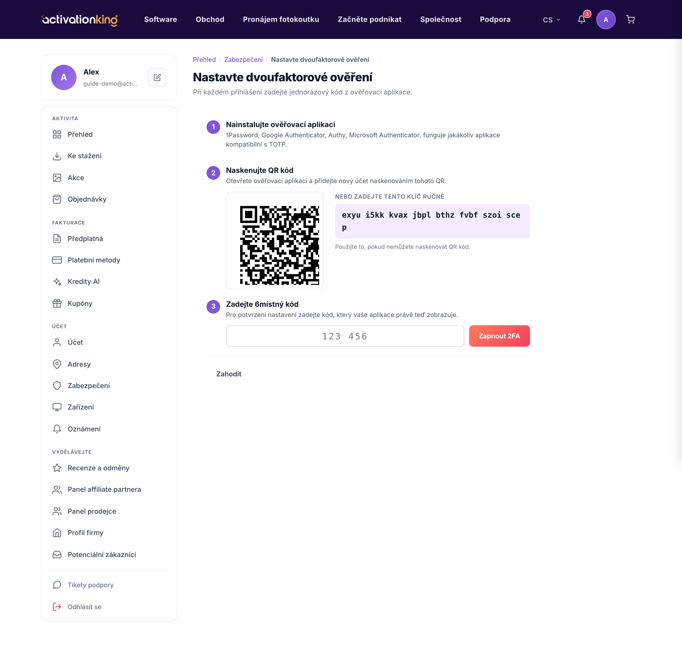 Karta nastavení dvoufaktorového ověření Activation King v dashboardu Security