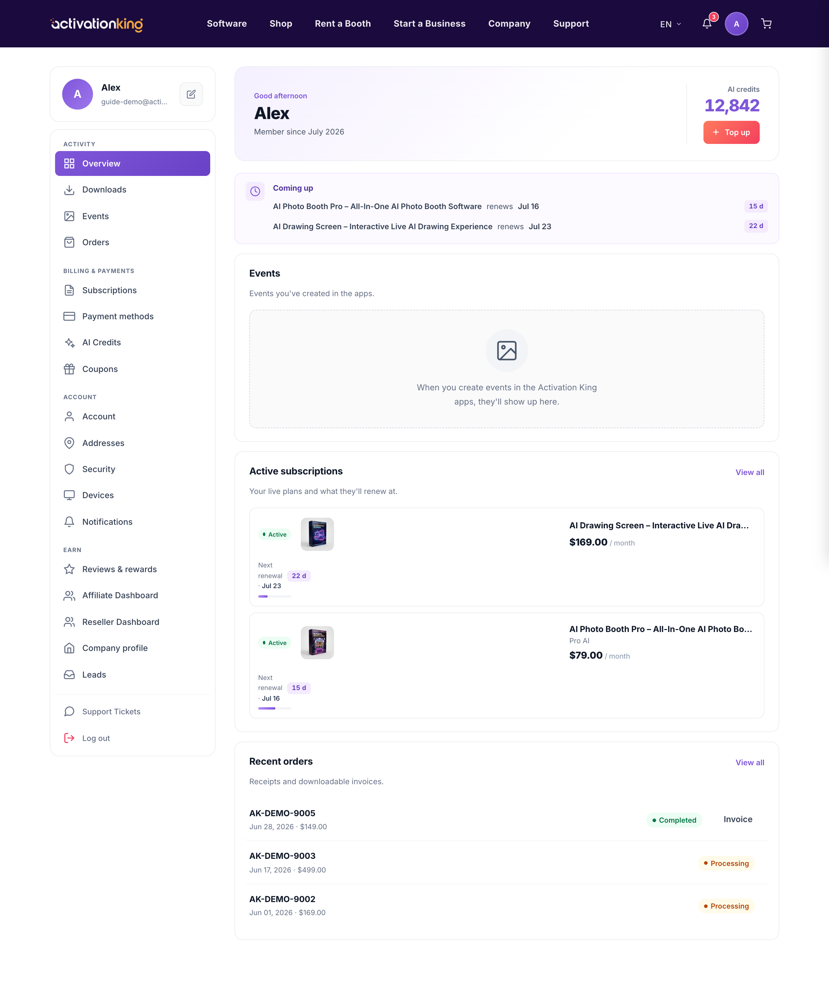 Activation King dashboard overview with hero, sidebar, and main area