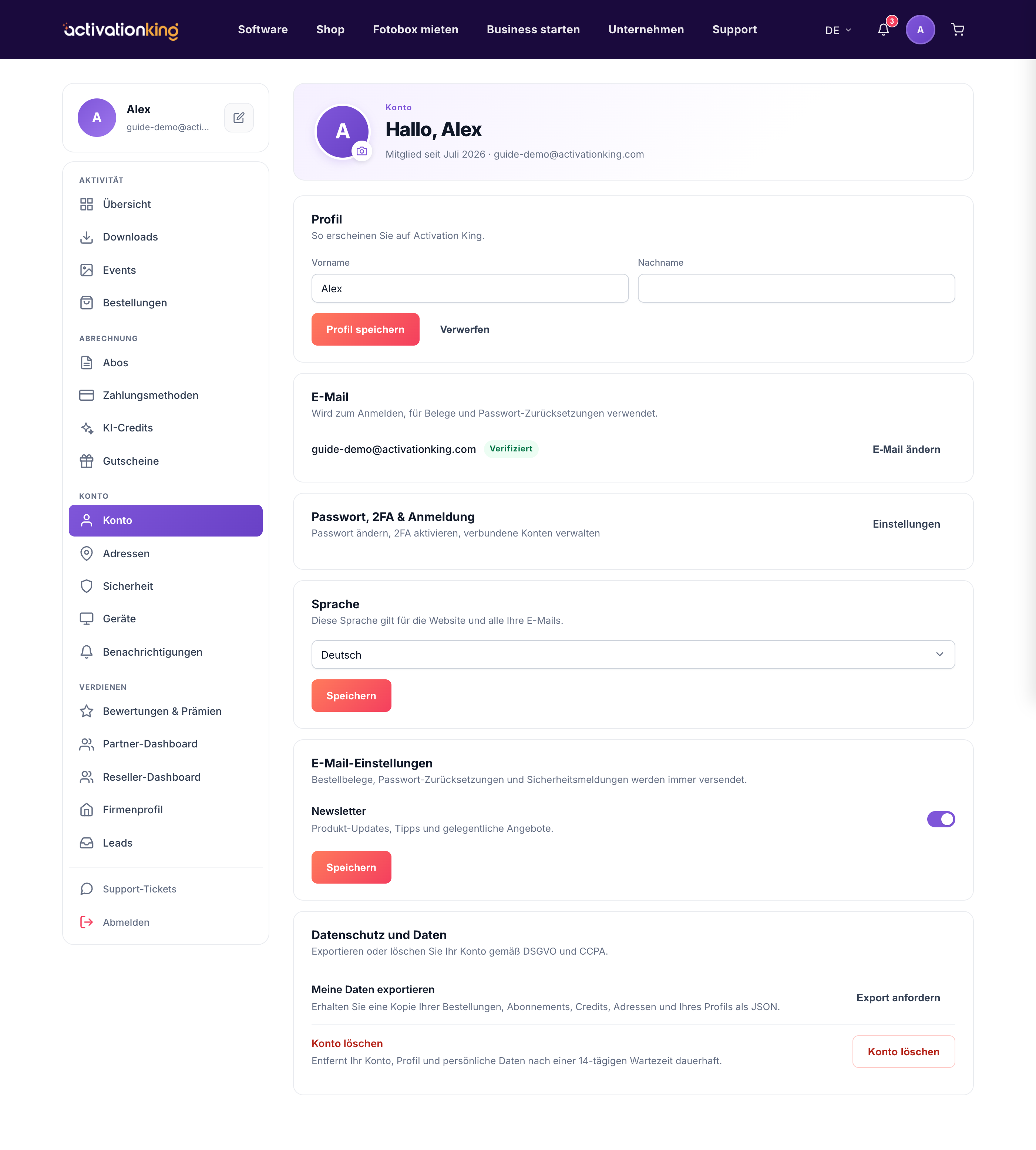 Activation King Kontoeinstellungen mit Bereichen für Profil, E-Mail, Sprache und Datenschutz