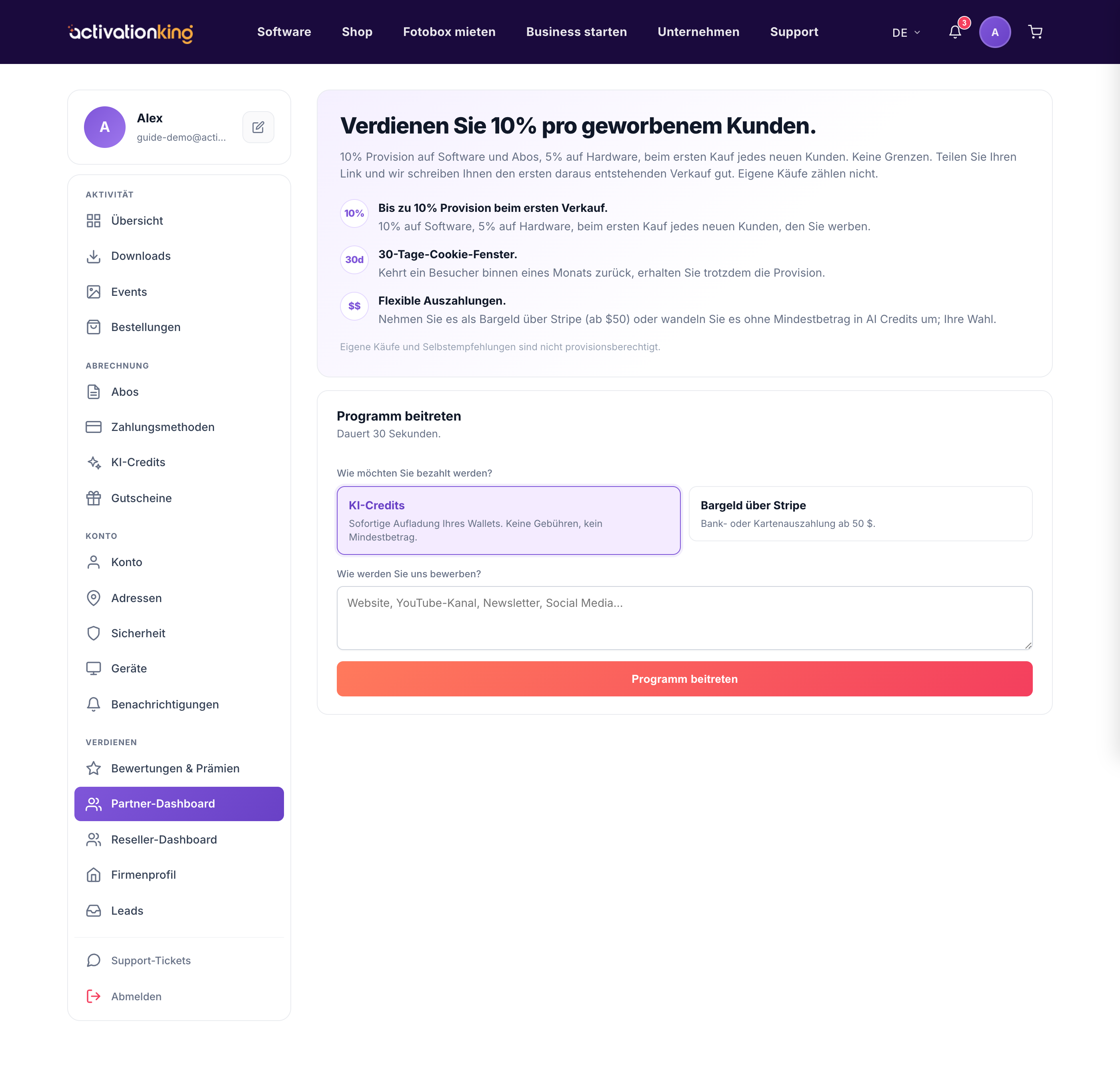 Affiliate-Dashboard in Activation King