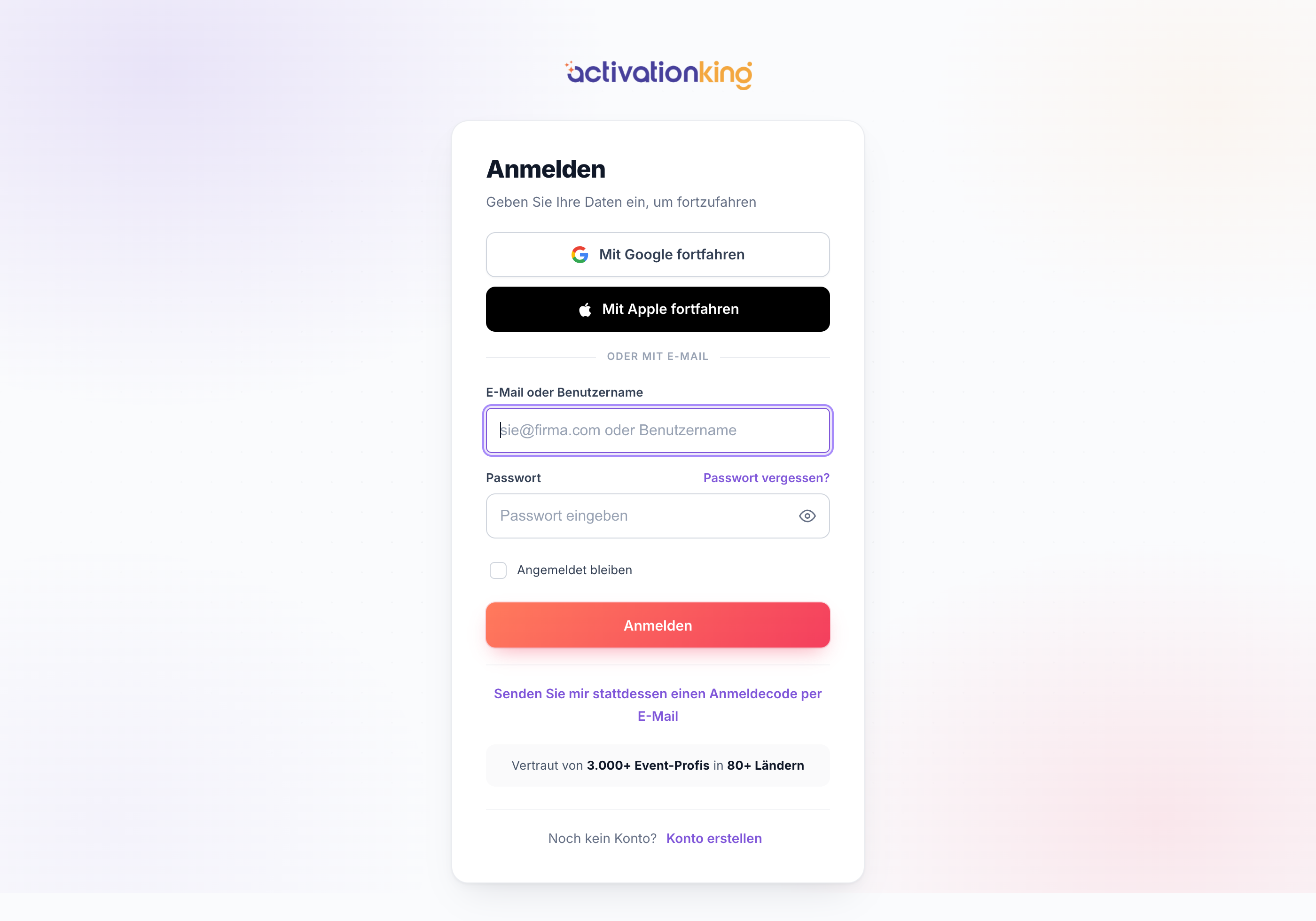 Activation King Anmeldeseite mit Optionen für E-Mail, Passwort, Google und Apple