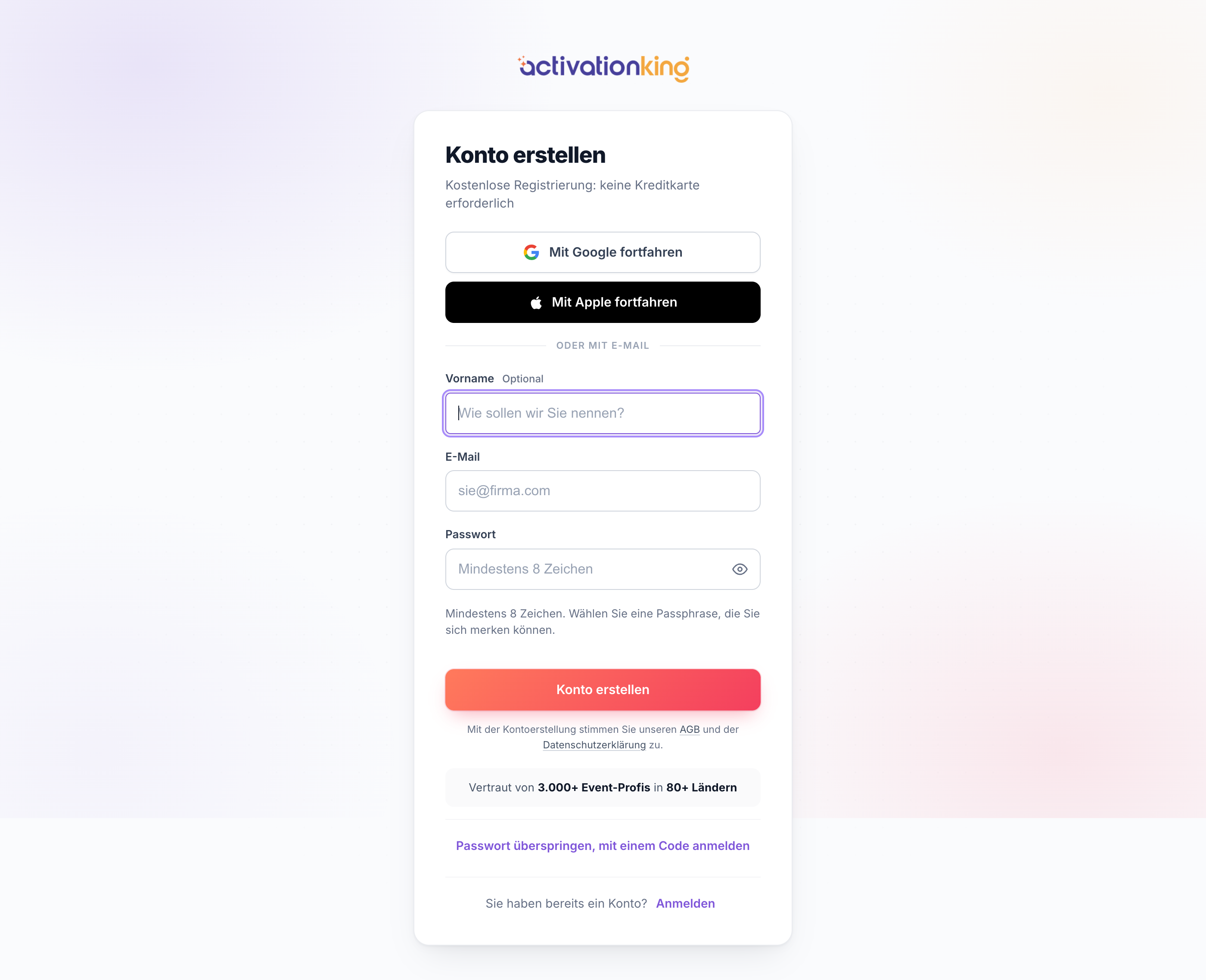 Activation King Registrierungsseite mit Anmeldeoptionen über Google, Apple und E-Mail