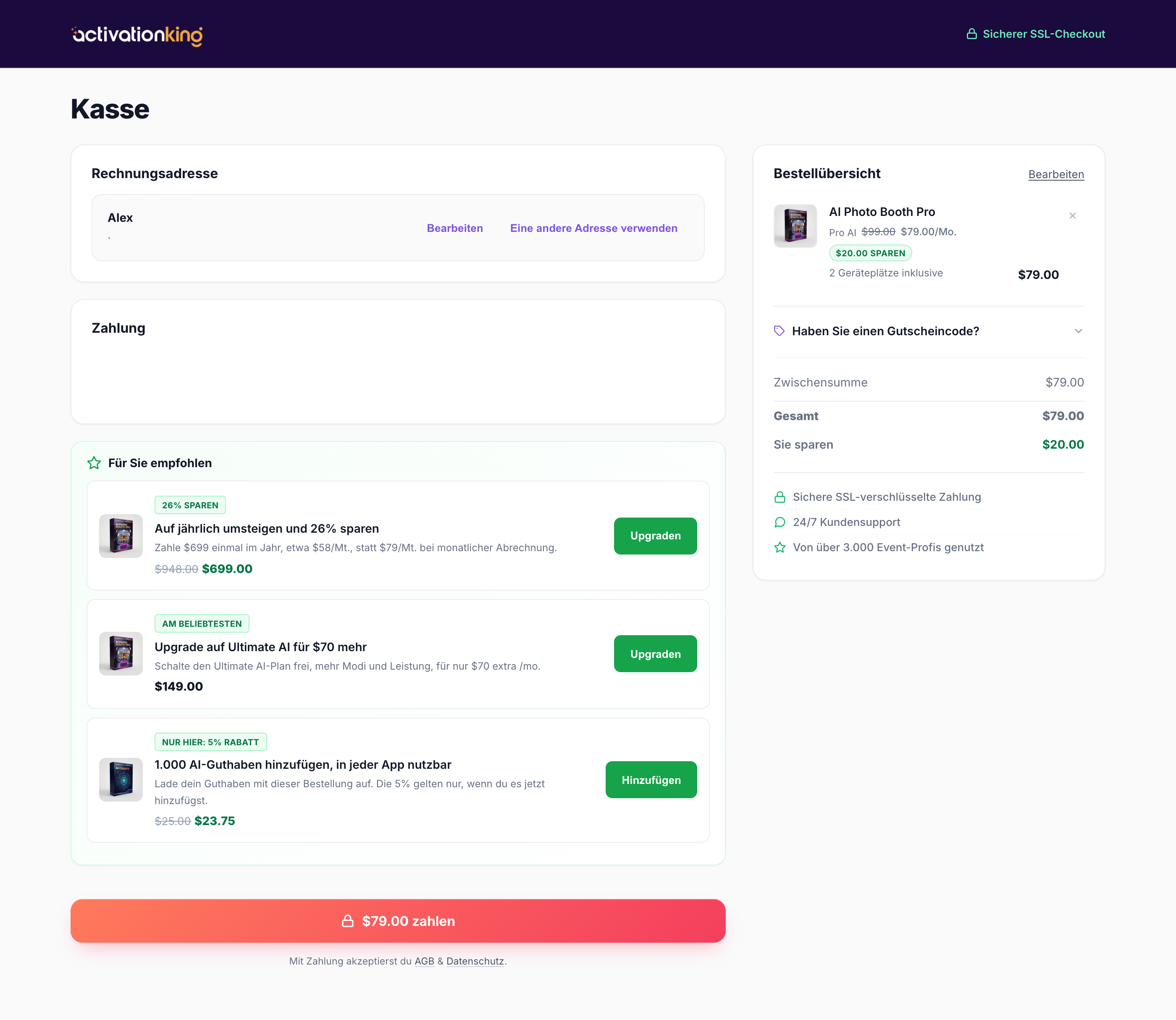 Sichere Activation King Checkout-Seite mit Feldern für E-Mail, Adresse und Karte
