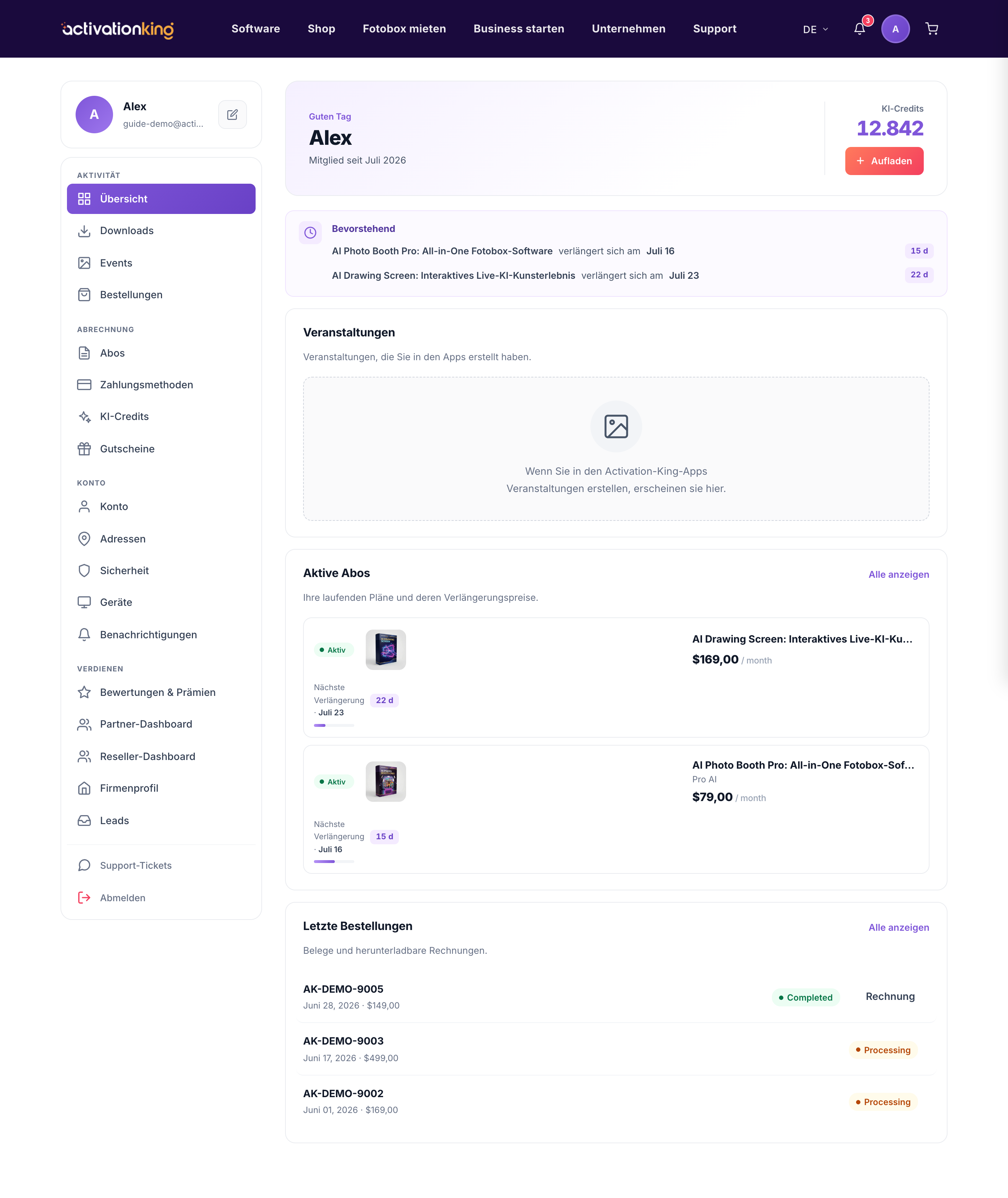 Activation King Dashboard-Übersicht mit Hero-Bereich, Seitenleiste und Hauptbereich