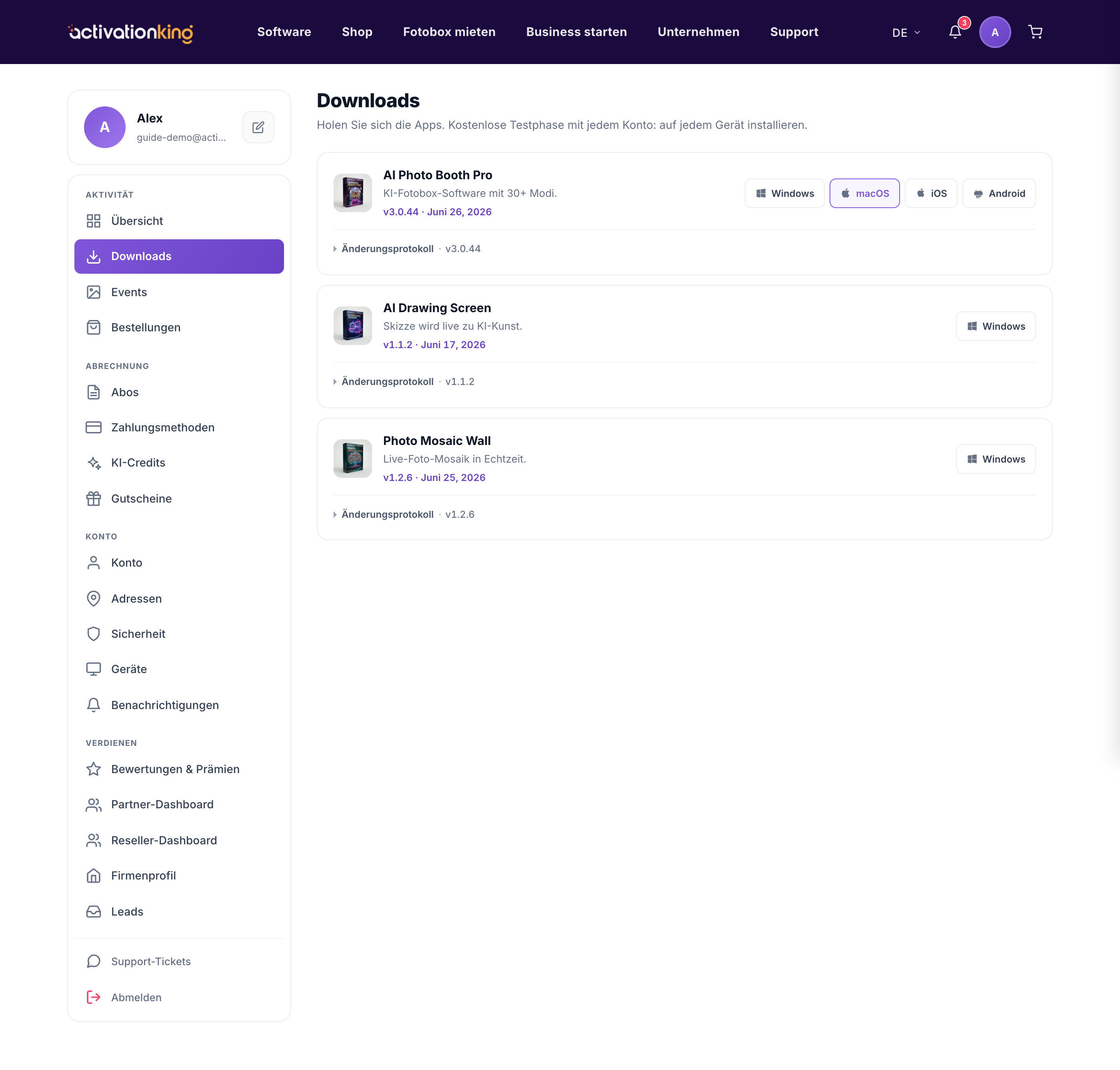 Dashboard Downloads-Seite mit jeder Activation King App samt Plattform-Schaltflächen und Versionsnummern