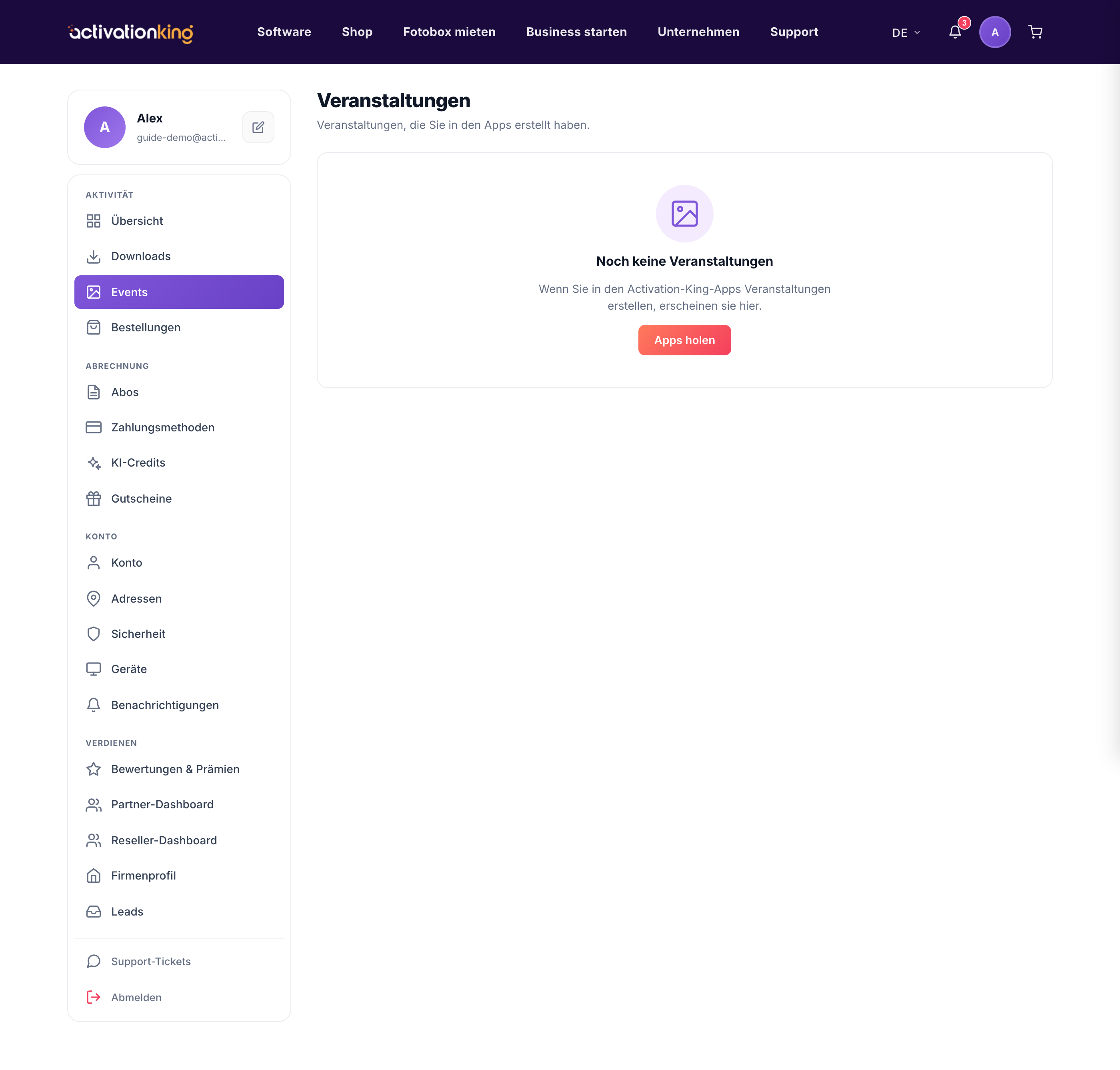 Dashboard-Seite Events mit einer Liste von Event-Galerien mit Guthaben-Einblicken