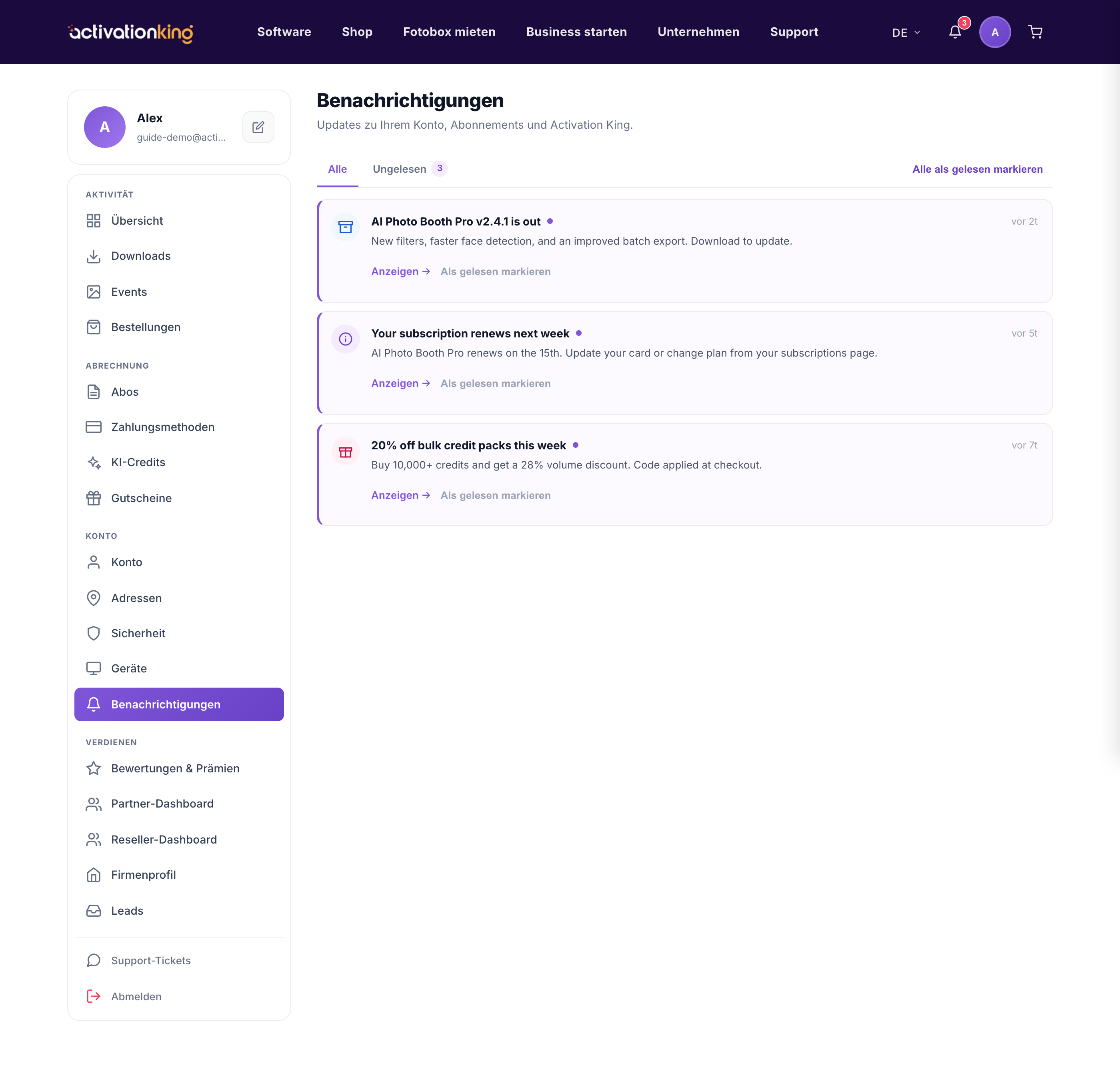 Dashboard-Seite Benachrichtigungen mit den Reitern Alle und Ungelesen, die Kontobenachrichtigungen auflisten