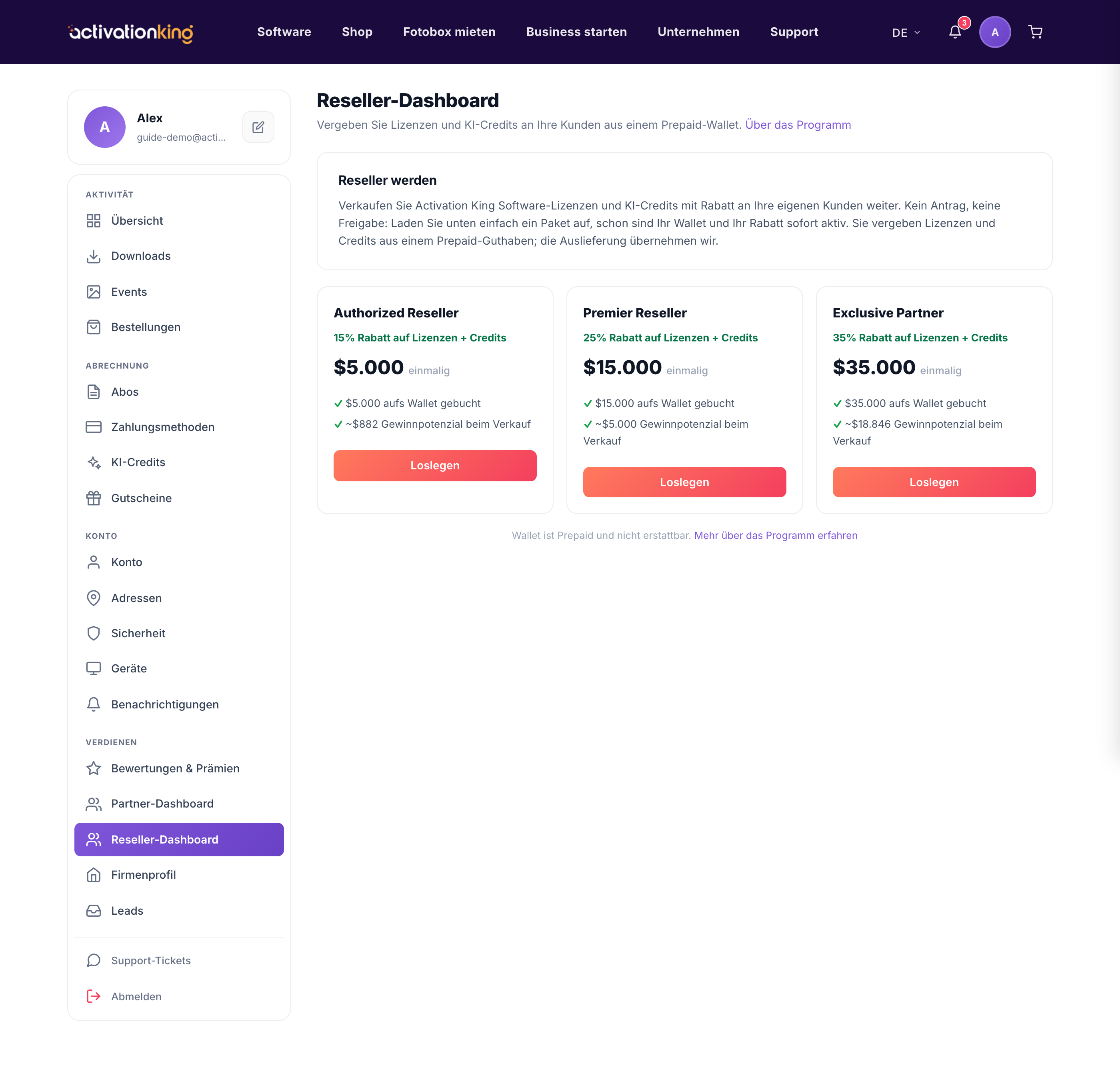 Reseller-Dashboard in Activation King