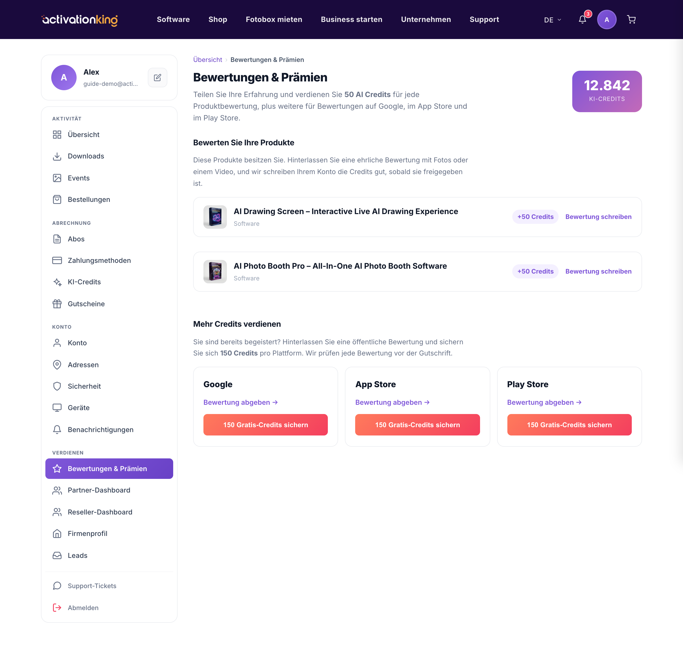 Dashboard-Seite Bewertungen und Prämien mit einem Bewertungsformular und einer Option für externe Anträge