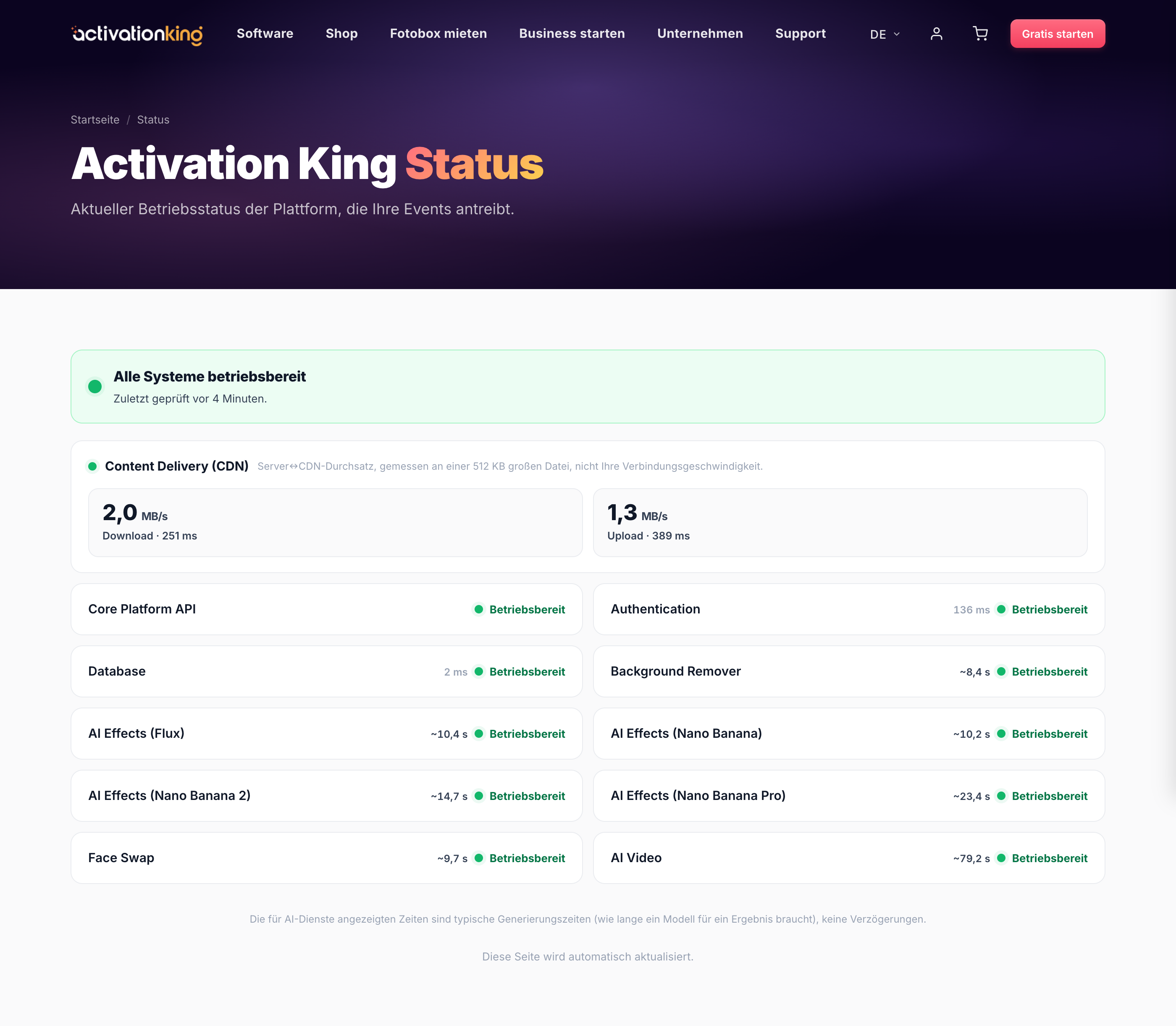 Activation King Systemstatus-Seite mit betriebsbereiten Diensten