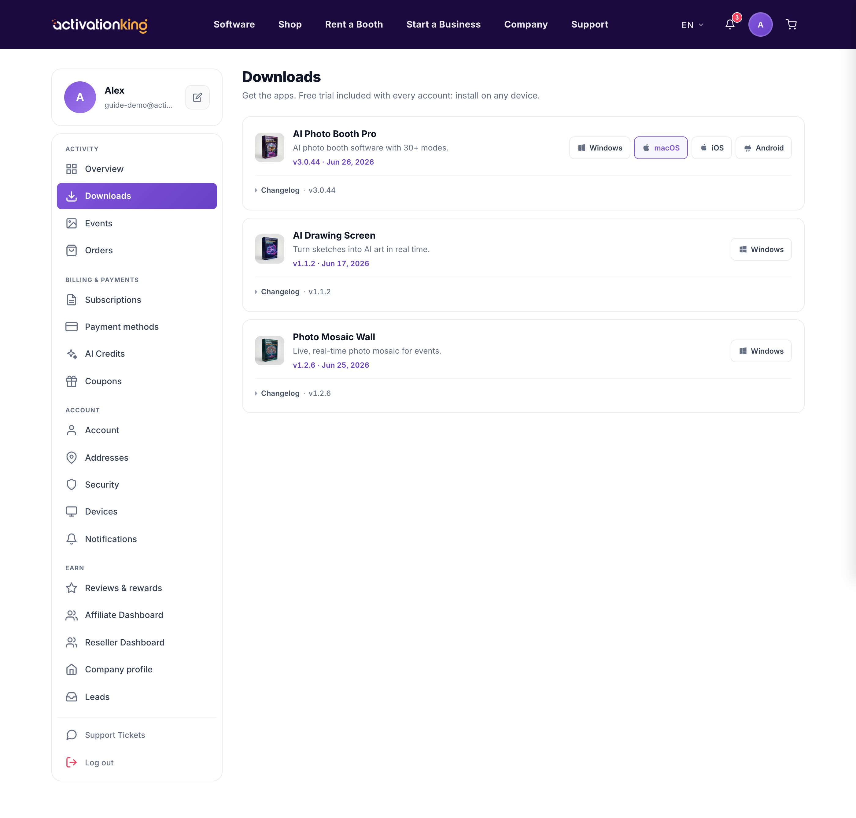 Dashboard Downloads page listing each Activation King app with platform buttons and version numbers