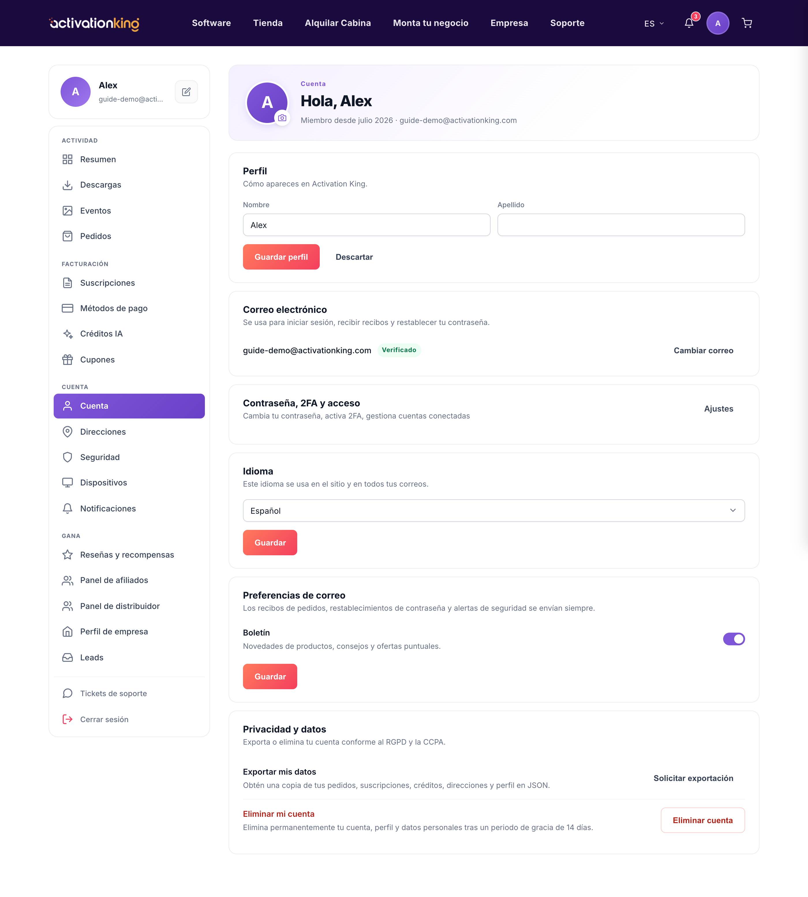 Página de configuración de la cuenta de Activation King con las secciones de perfil, correo electrónico, idioma y privacidad
