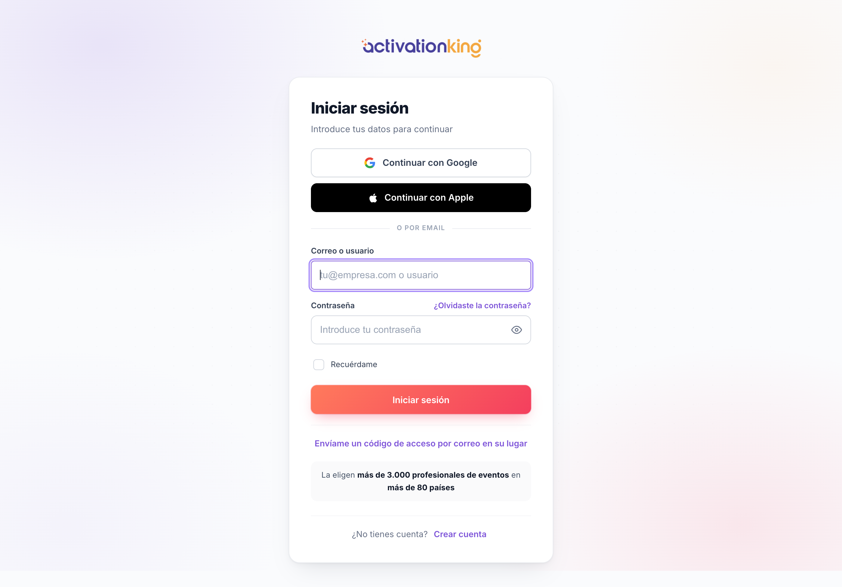 Página de inicio de sesión de Activation King con opciones de correo, contraseña, Google y Apple