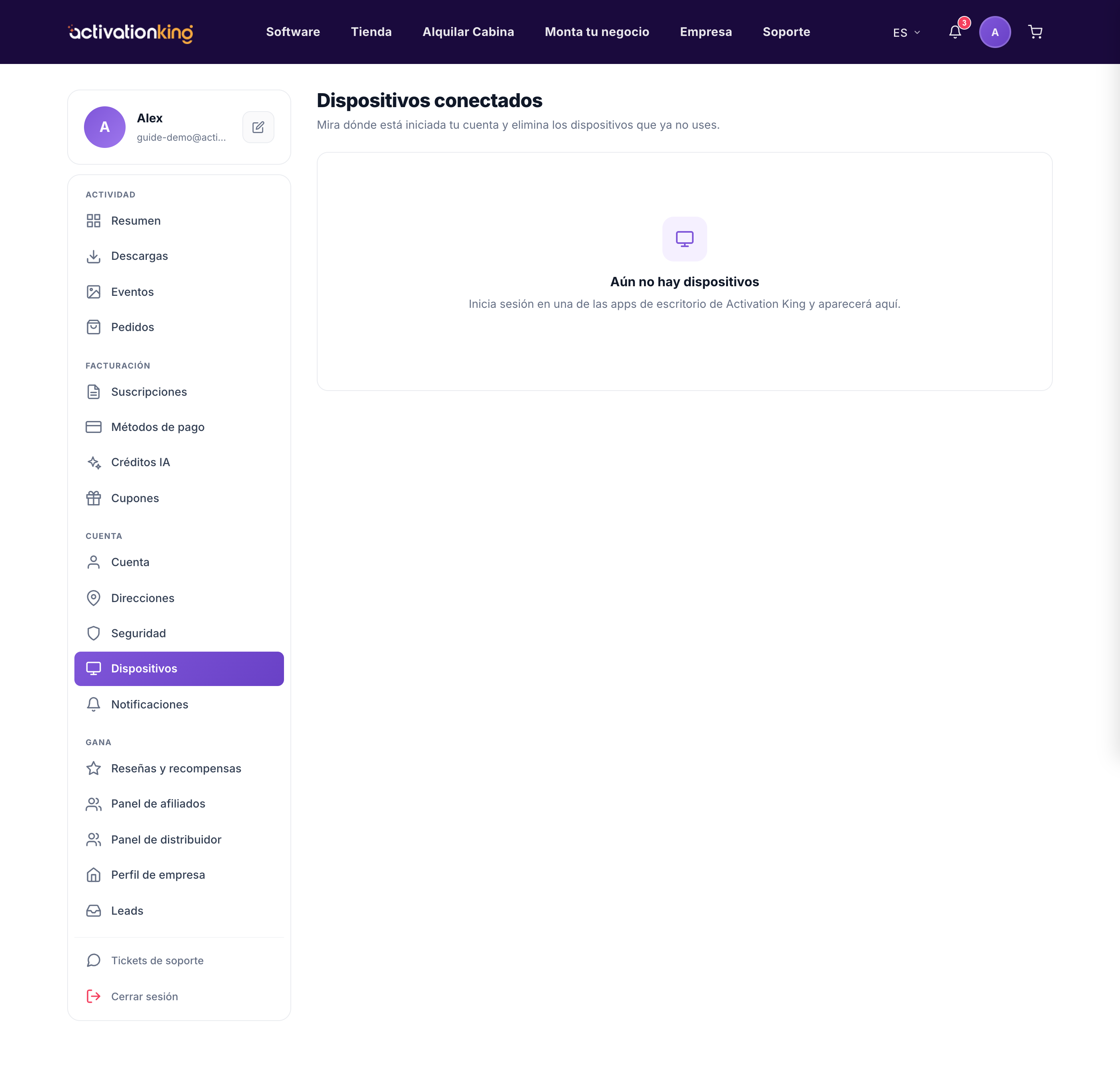 Lista de dispositivos conectados de Activation King dividida en secciones Activos y Con sesión cerrada