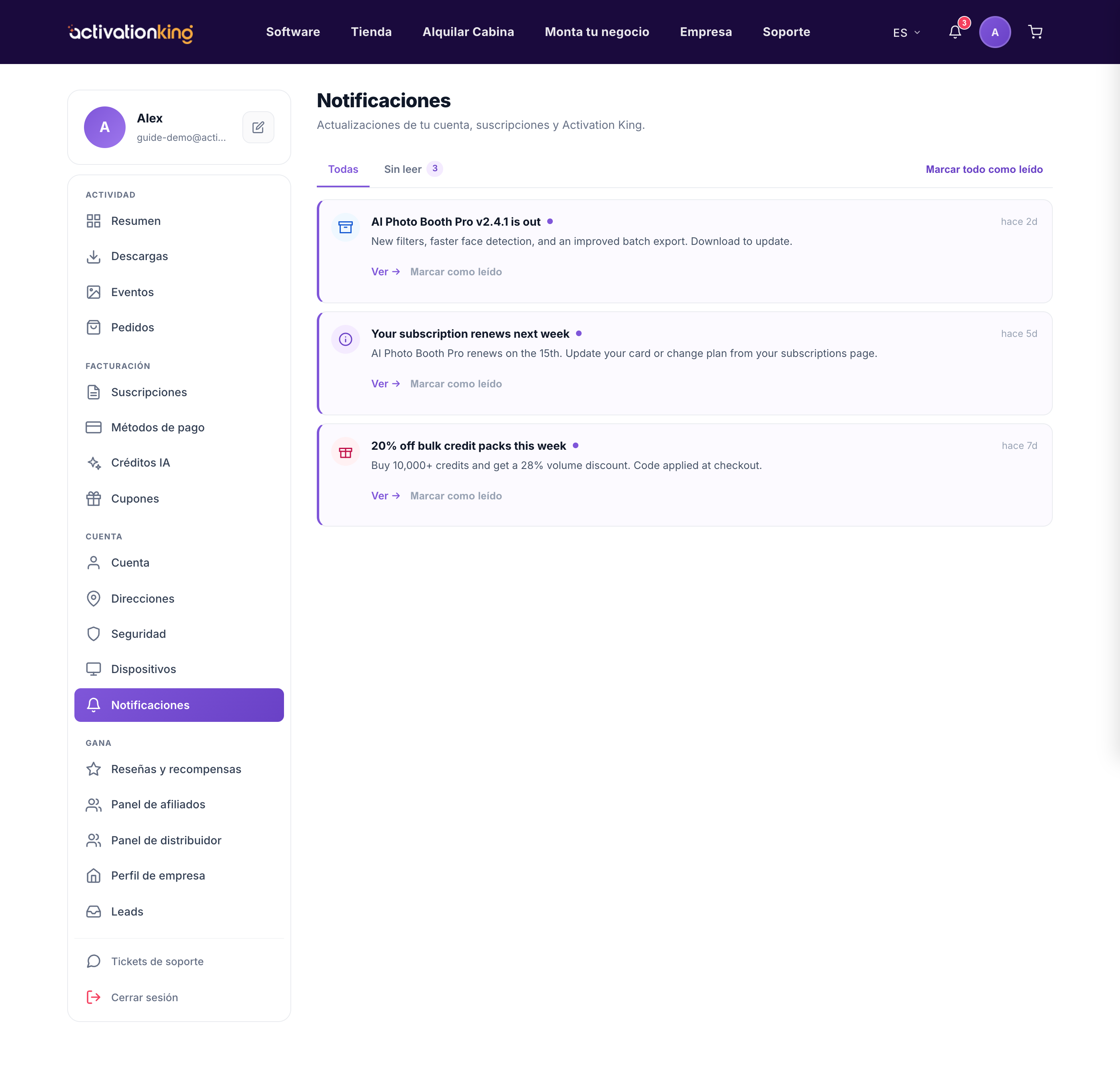 Página de Notificaciones del panel con pestañas Todas y Sin leer que listan las notificaciones de la cuenta