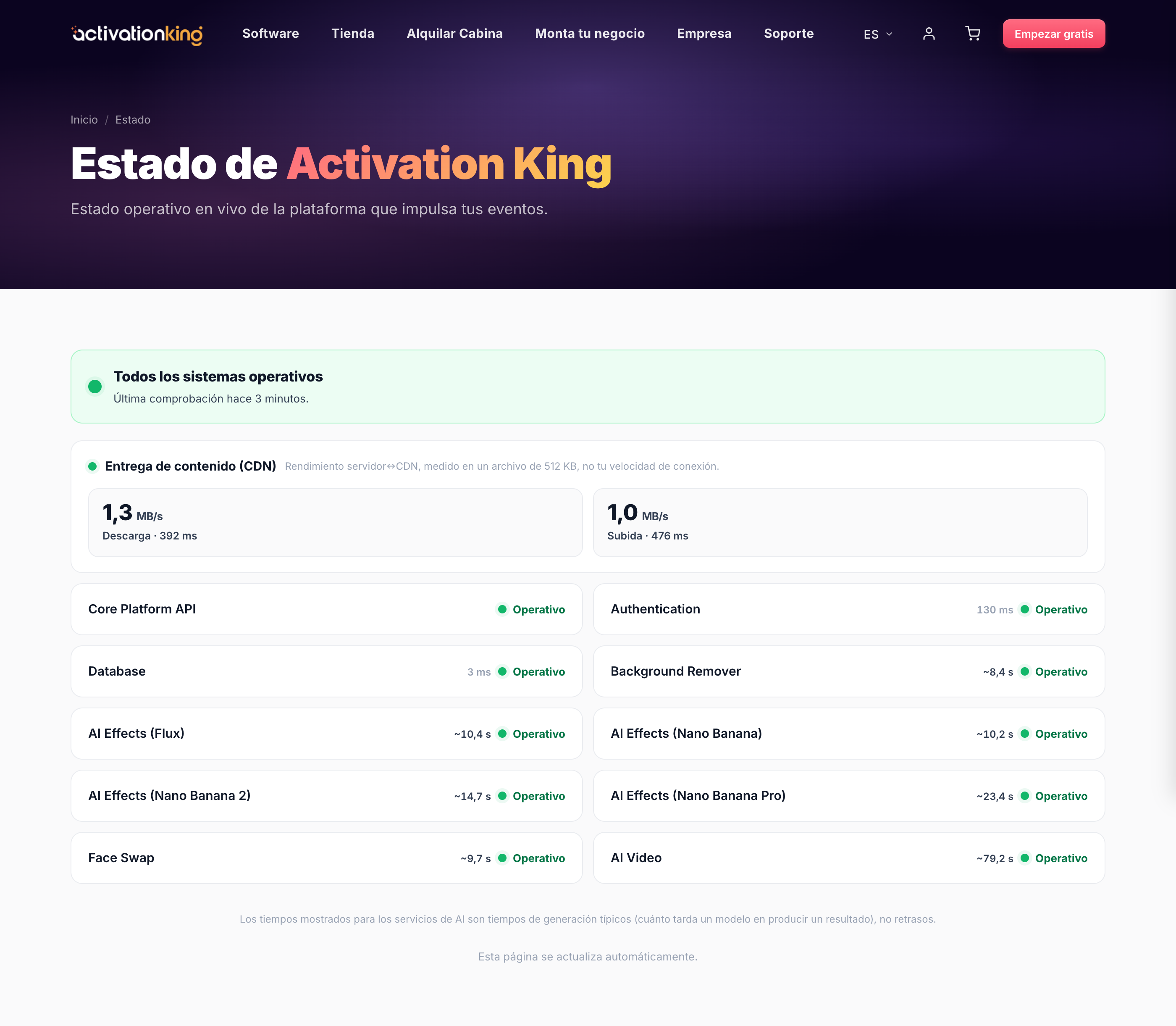 Página de Estado del sistema de Activation King mostrando los servicios operativos