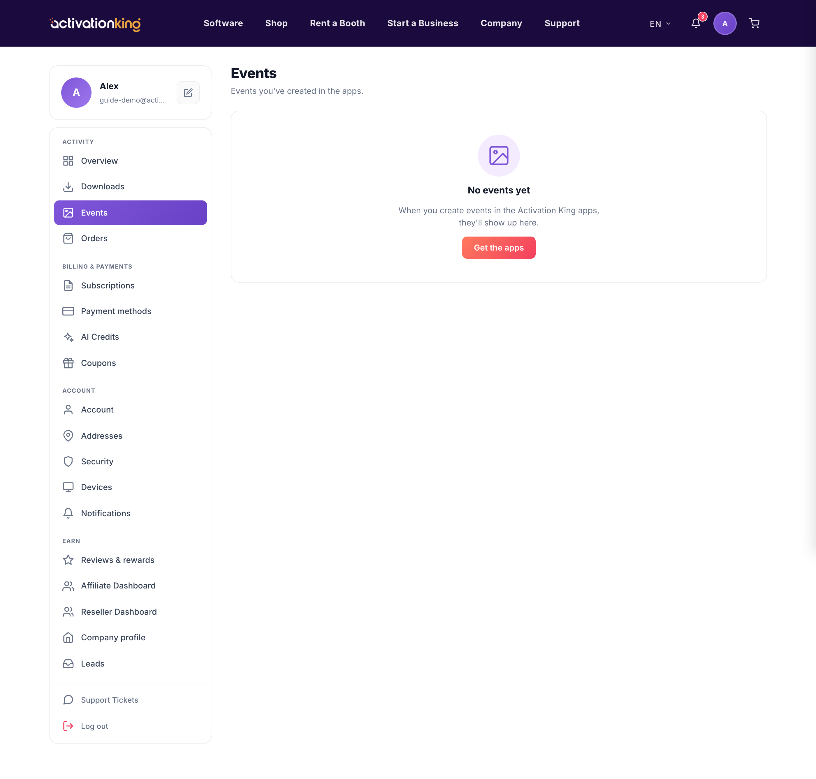 Dashboard Events page showing a list of event galleries with credit insights