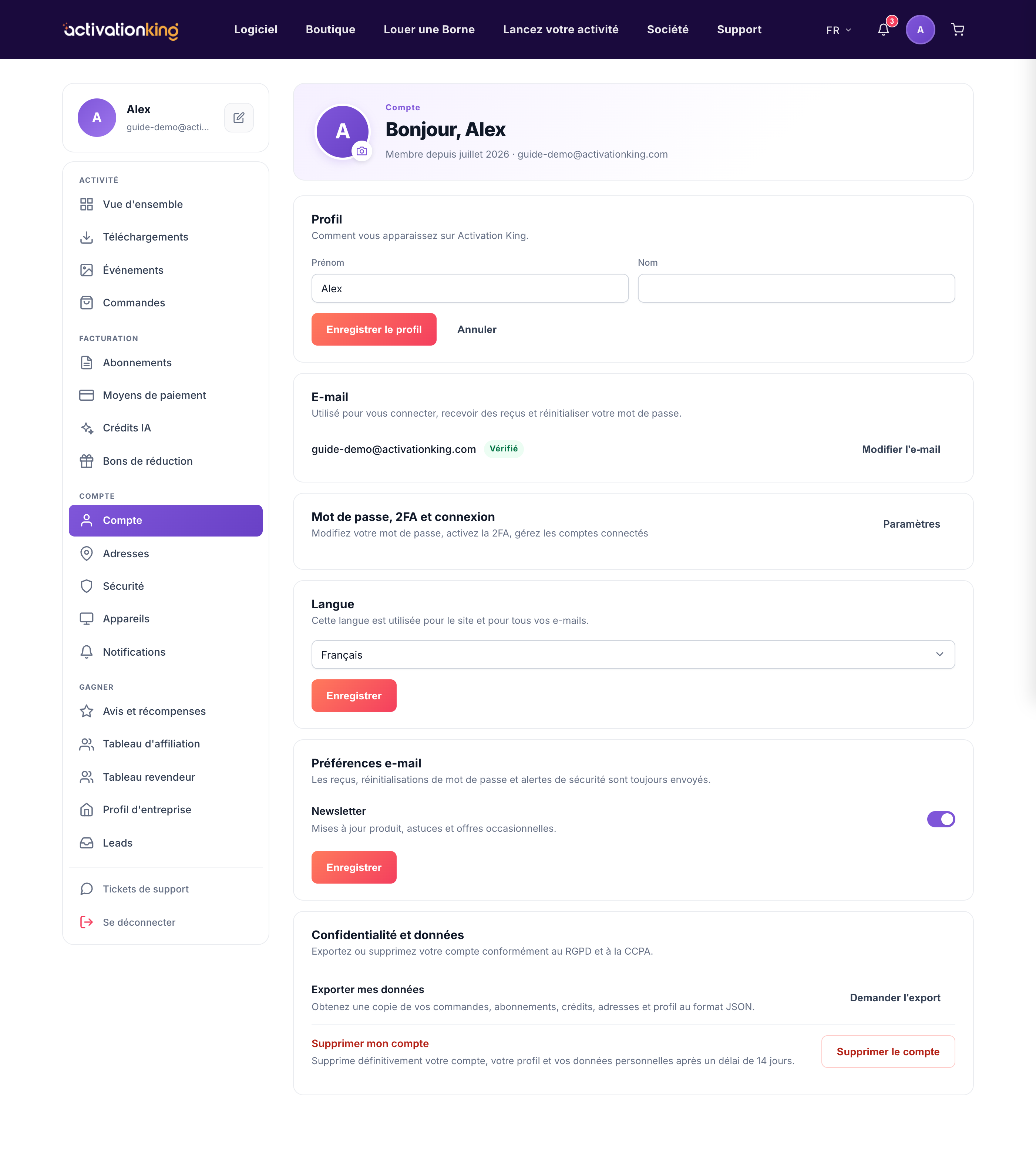 Page des paramètres du compte Activation King avec les sections profil, e-mail, langue et confidentialité