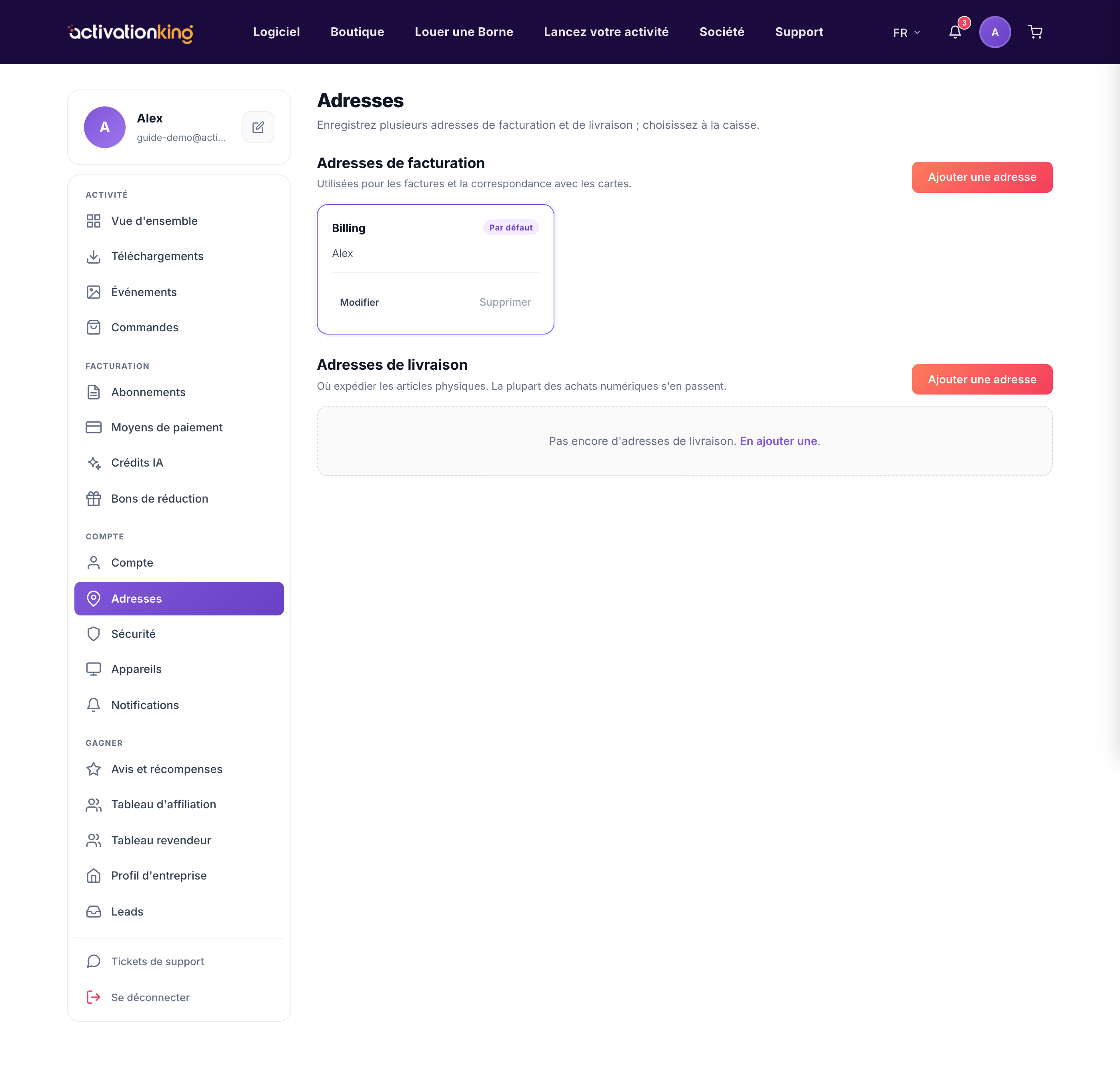 Page Adresses avec des sections distinctes pour la facturation et l'expédition