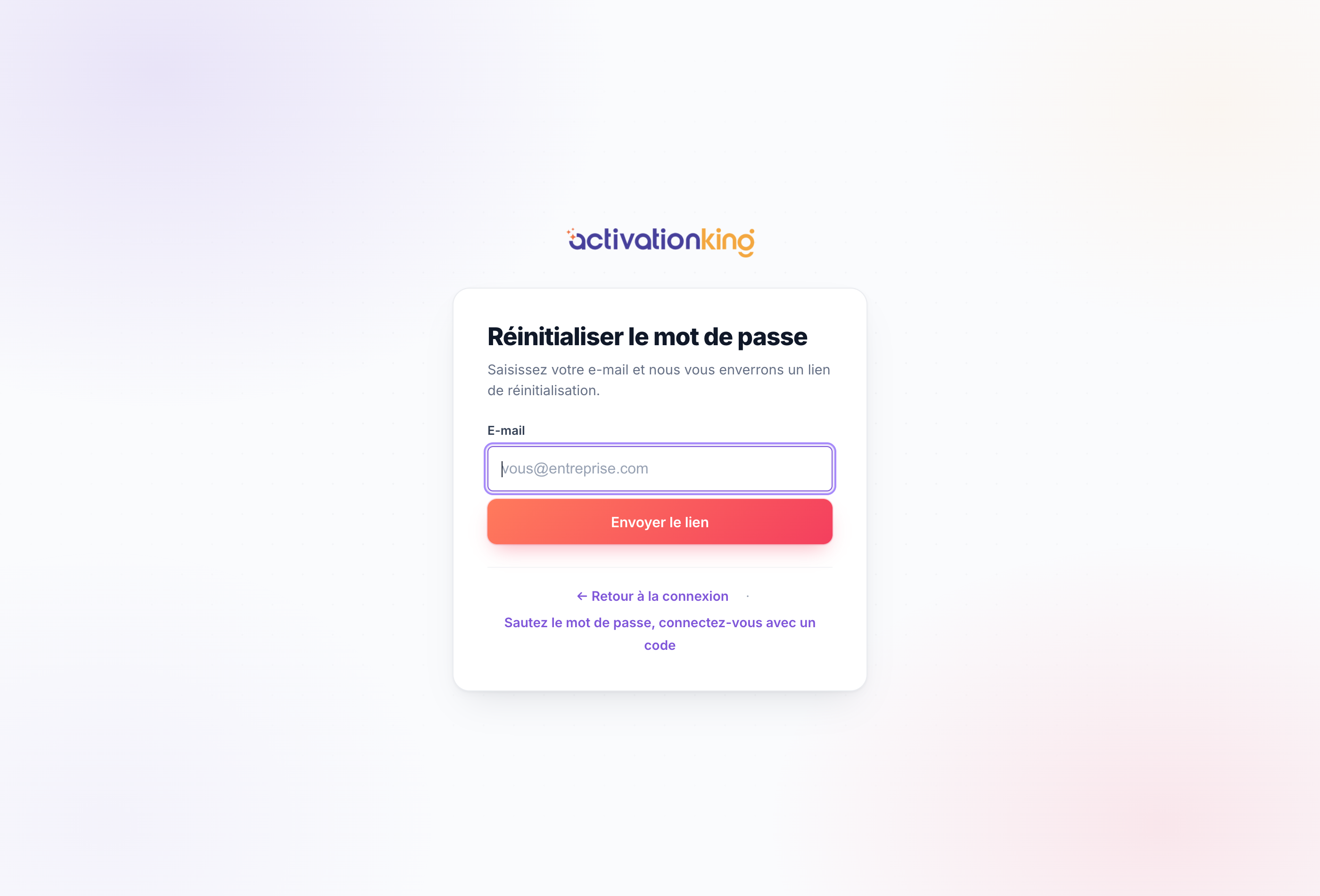 Écran de mot de passe oublié Activation King avec un champ d'adresse e-mail