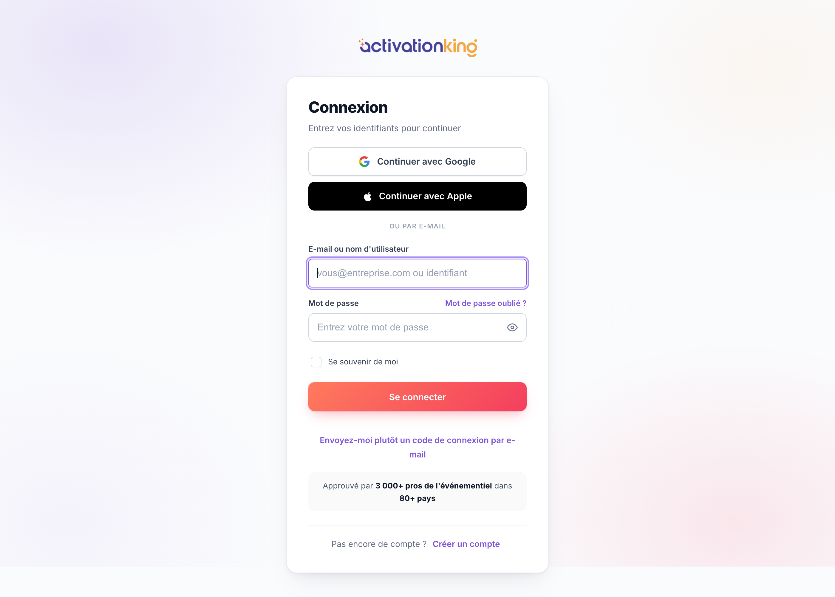 Page de connexion Activation King avec options e-mail, mot de passe, Google et Apple